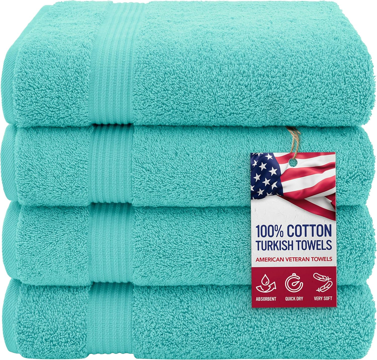 American Veteran Towel, 100% Cotton Turkish Bath Towels for Bathroom 4 Pack, 27x54 Extra Large Premium Soft Drying Bathroom Towels, Turquoise Blue
