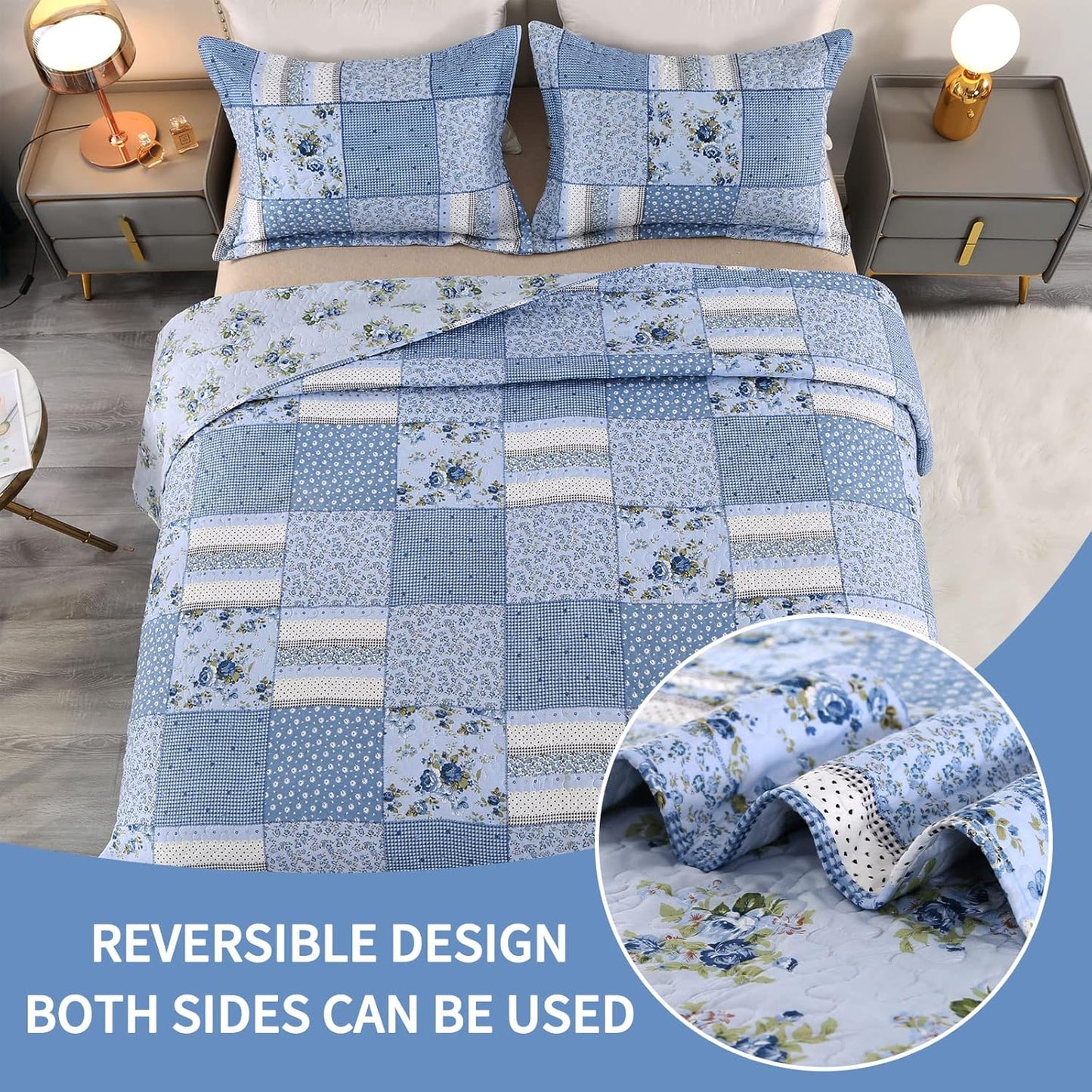 ENJOHOS Blue Floral Quilt Set Queen Size, 3 Pieces Plaid Flower Queen Bedspread for All Seasons, Patchwork Reversible Coverlet Lightweight Bedding for Queen Size Bed with 2 Pillow Shams