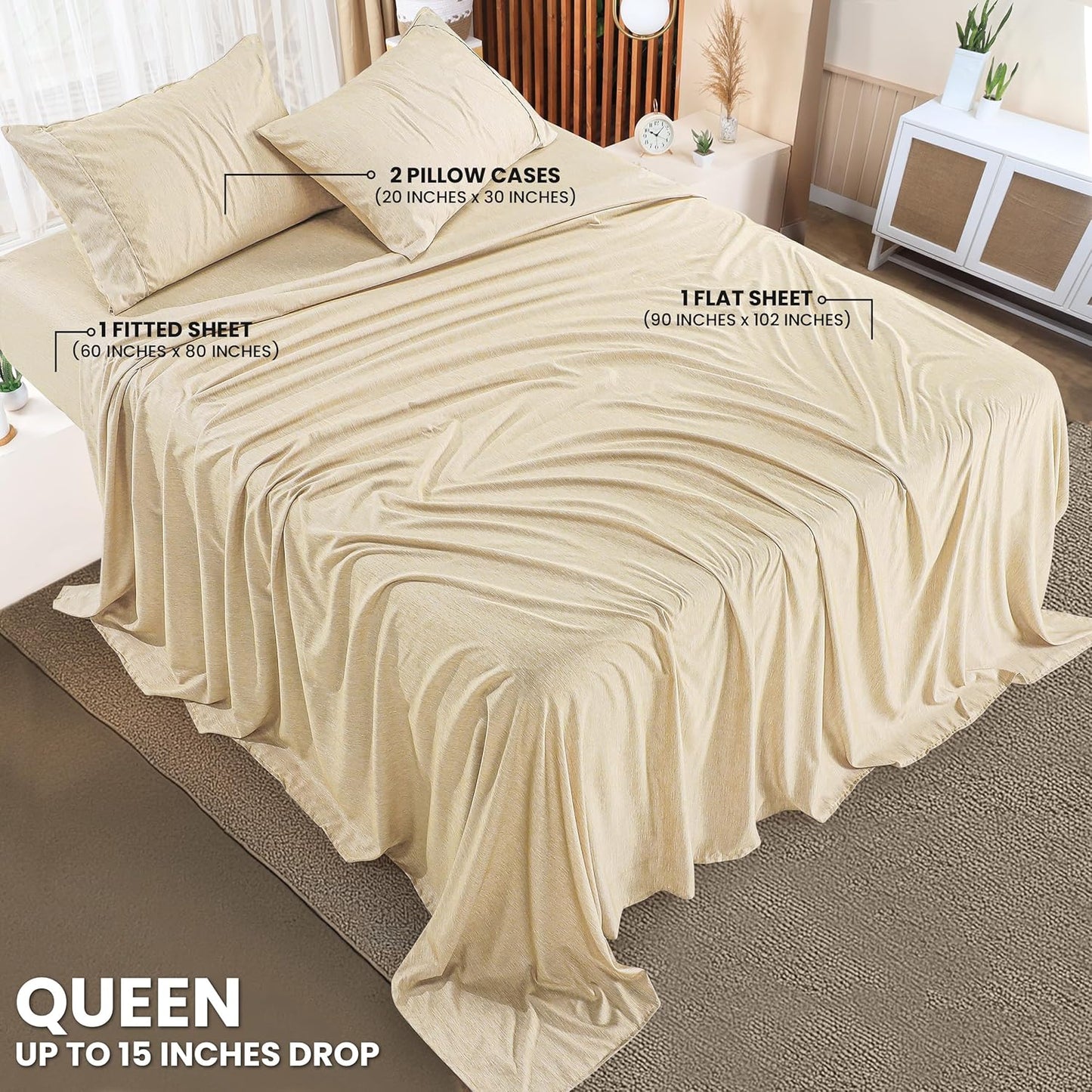 Utopia Bedding Queen Sheet Set – 4 Piece Bed Sheets for Queen Size Bed, Soft and Breathable Microfiber, Includes 1 Fitted Sheet, 1 Flat Sheet and 2 Pillowcases (Heather Beige)