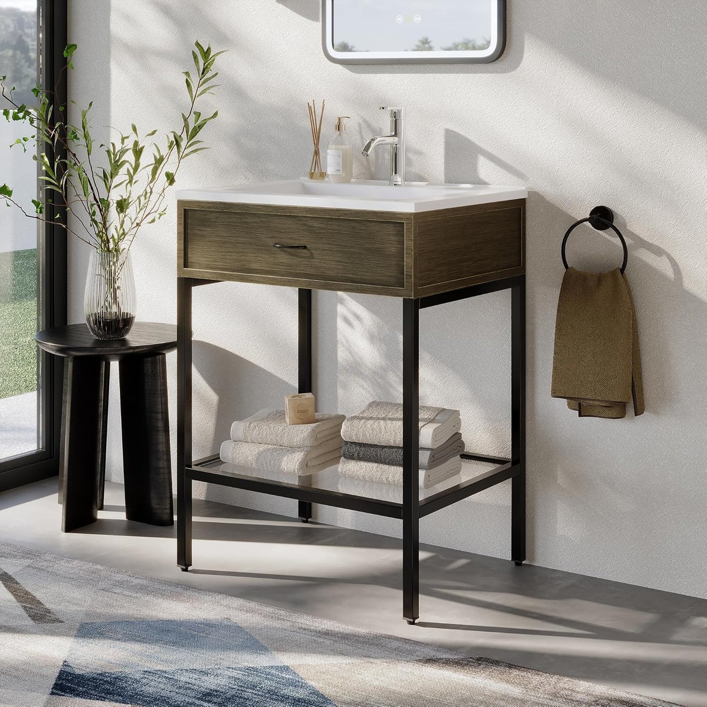 24 Inches Bathroom Vanity with Resin Sink, Single Sink Modern Cabinet Set, Stainless Steel Frame with Tempered Glass Open Shelf, Freestanding Bathroom Storage Cabinet Combo, Black