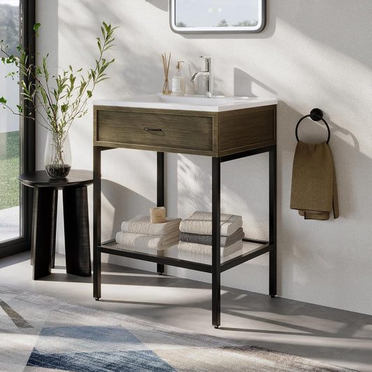 24 Inches Bathroom Vanity with Resin Sink, Single Sink Modern Cabinet Set, Stainless Steel Frame with Tempered Glass Open Shelf, Freestanding Bathroom Storage Cabinet Combo, Black