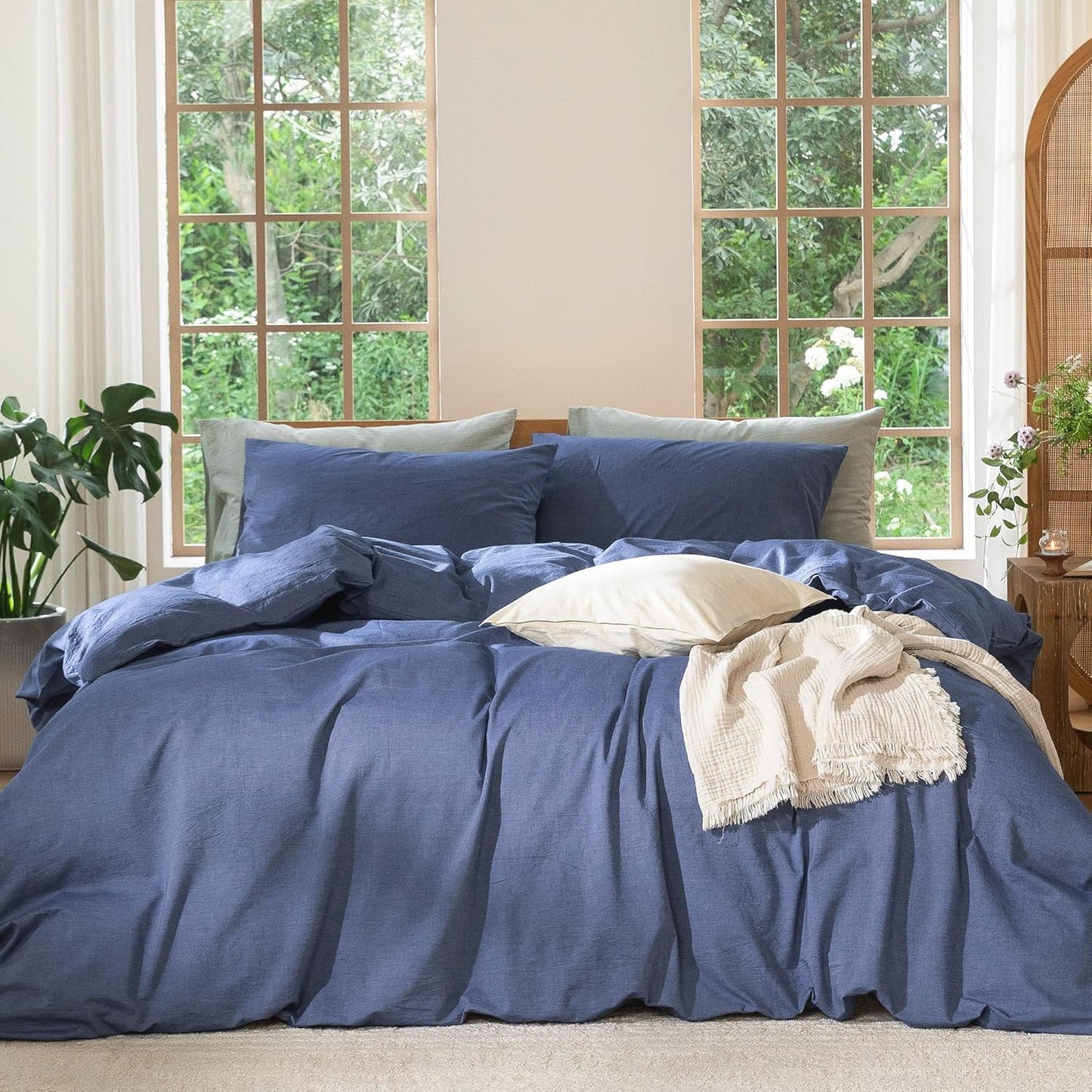 MooMee Bedding Duvet Cover Set 100% Washed Cotton Linen Like Textured Breathable Durable Soft Comfy (Heathered Blue, Super Queen 90"x98")