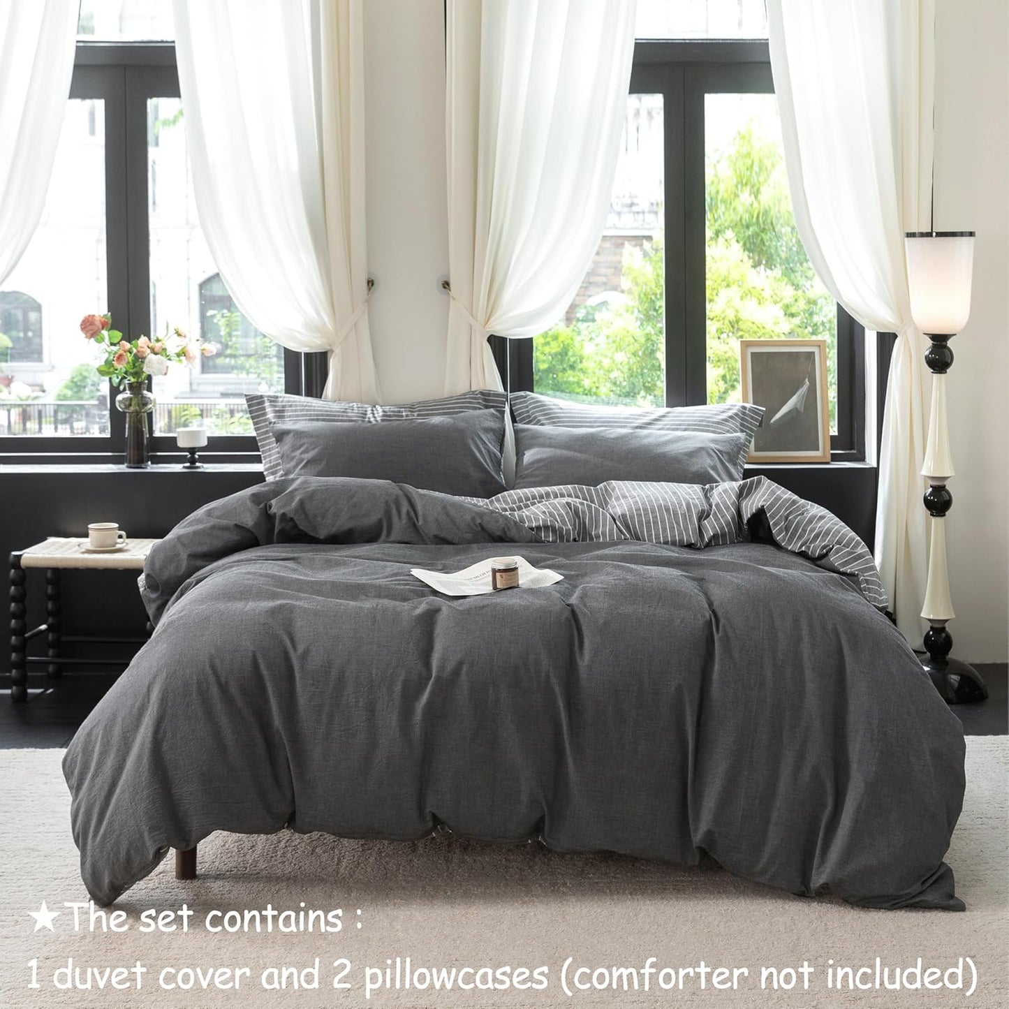 Reversible Duvet Cover Set 100% Washed Cotton Dark Grey Pinstripe Linen Feel Duvet Cover King Size with Zipper Closure & 2 Pillow Shams,Dark Grey/White Pinstripe Reverse Solid Dark Grey
