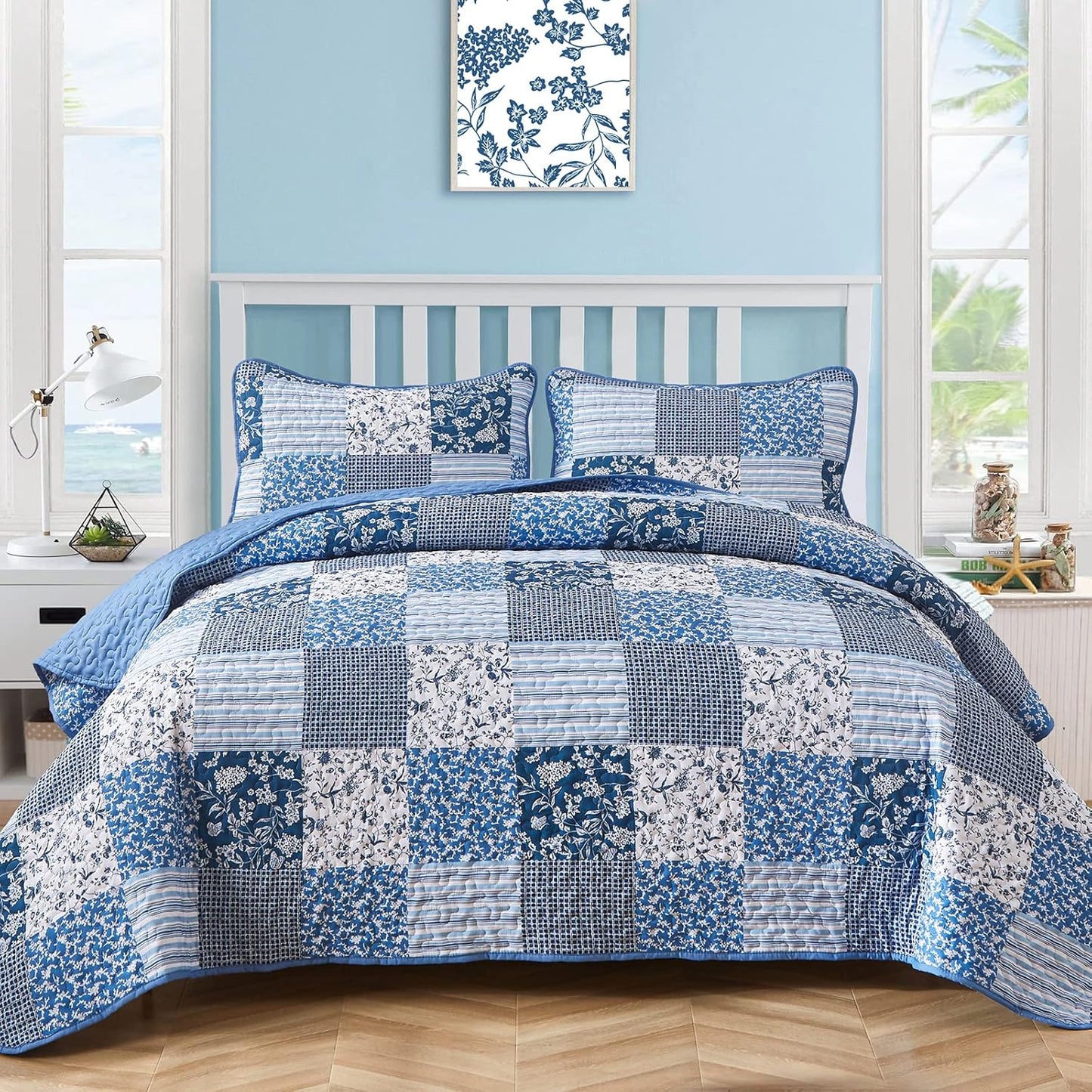 Mybedsoul Blue Boho Quilt Set Queen Size,3 Pieces Plaid Floral Bedspread Coverlet Set for All Season,Patchwork Reversible Bedding Set Queen 90"x96"