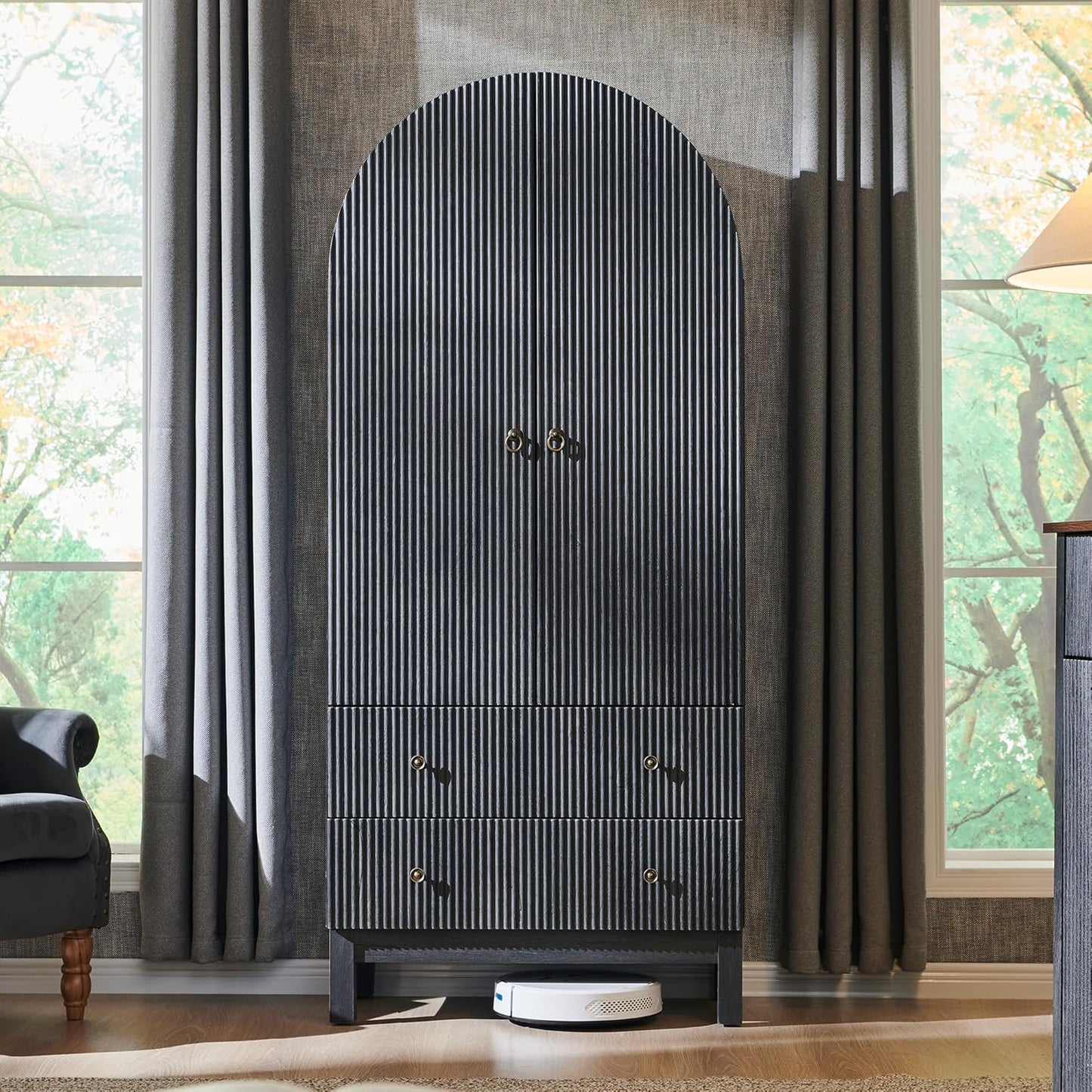 71" Tall Arched Bathroom Storage Cabinet, Modern Fluted Cabinet Storage with 4 Shlves and 2 Drawers, Floor Cabinet for Bathroom, Living Room, Kitchen, Dark Gray