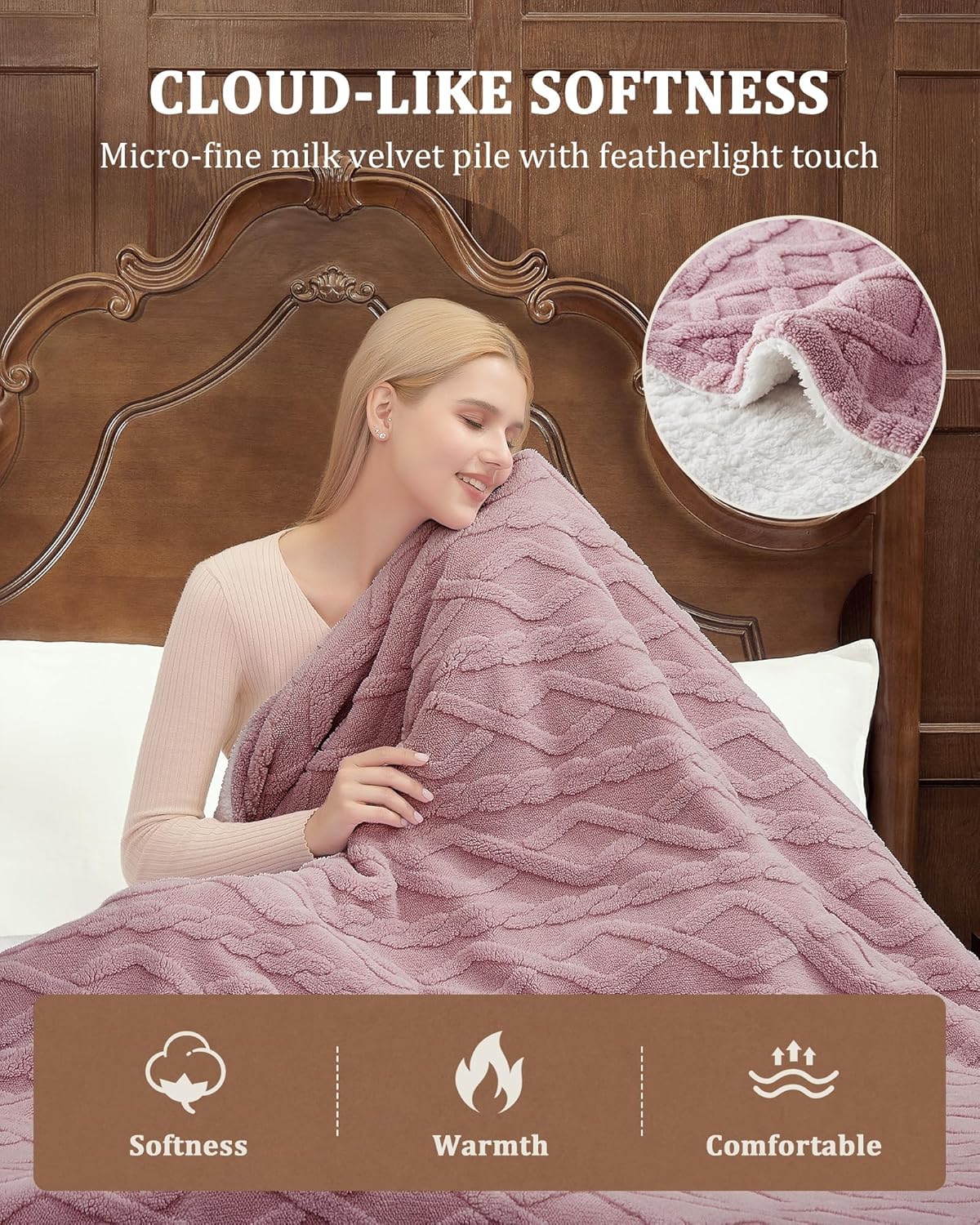 CAROMIO Electric Blanket King Size Dual Control - Thick Tufted Sherpa Heated Blanket King with 10 Heating Levels and 10 Time Settings, ETL Certified Fast Heating Blanket King Size 90"×100", Dusty Pink