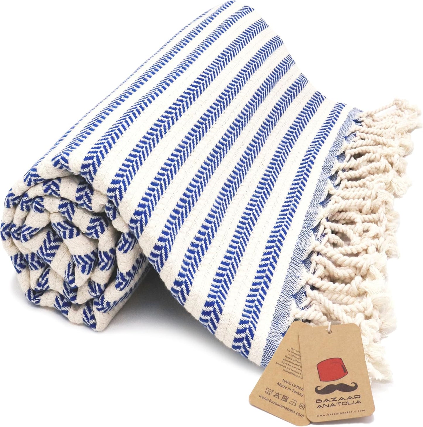 Bazaar Anatolia Turkish Beach Towel – 100% Cotton, Quick Dry, Sand Free Striped Towel for Bathroom and Camping – Oversized 71x39 Inches – Arpa Dark Blue