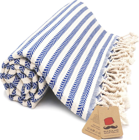 Bazaar Anatolia Turkish Beach Towel – 100% Cotton, Quick Dry, Sand Free Striped Towel for Bathroom and Camping – Oversized 71x39 Inches – Arpa Dark Blue