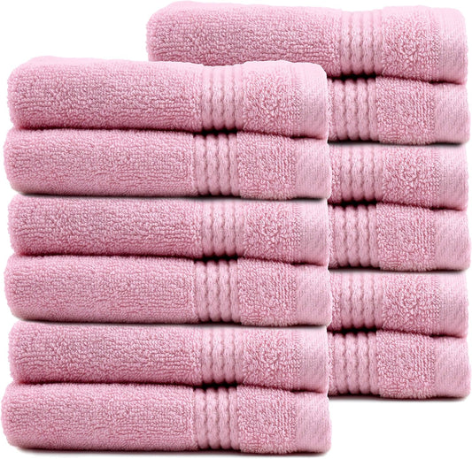 EastNBlue Lara 100% Turkish Cotton Washcloths 12 Pack, Extra Soft & Absorbent Wash Cloths for Face & Body (12" x 12"), Terry Cloth, Small Hand Towels for Bathroom, Rose (Pink)