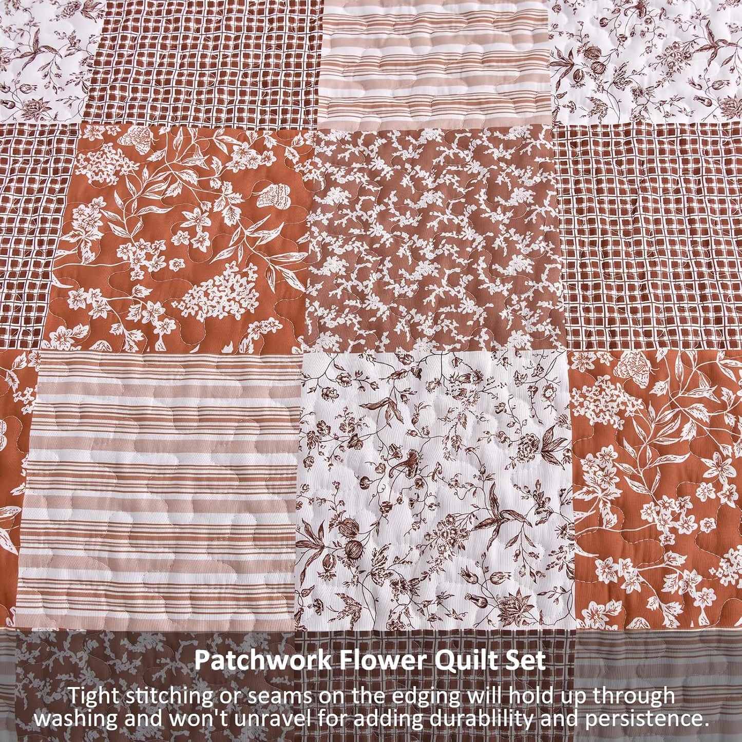 Mybedsoul Burnt Orange Quilt Set King Size, 3 Pieces Boho Plaid Terracotta Floral Bedspread Set Microfiber Lightweight Bohemian Bedding Bedspread Coverlet Set for All Season 90"x104"