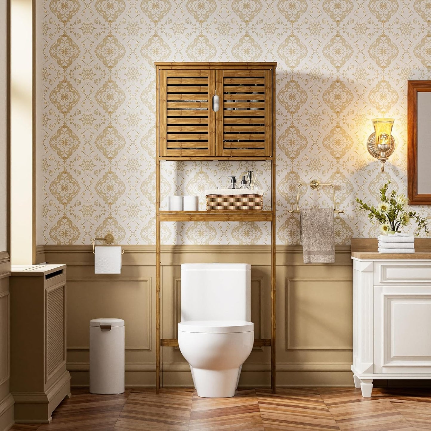 SMIBUY Bathroom Storage Shelf with Cabinet, Bamboo Over-The-Toilet Organizer Rack, Freestanding Toilet Space Saver with 3-Tier Adjustable Shelves (Walnut)