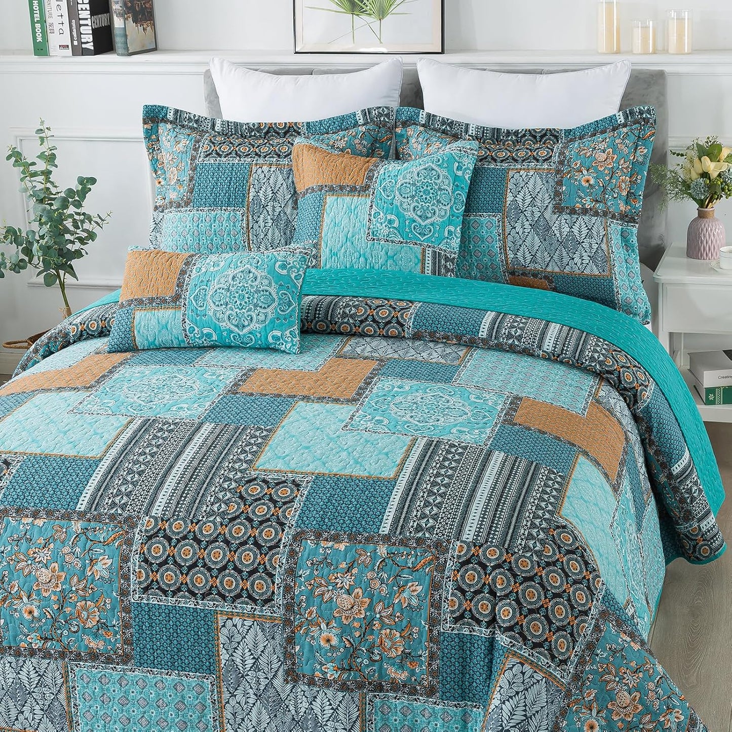 BEDIFANY Cotton Queen Size Quilt, Lightweight Bedspread Queen Size, Teal, Quilted Coverlets Queen Quilt Bedding Sets for Bed Decorations for All Seasons. 3 Pieces