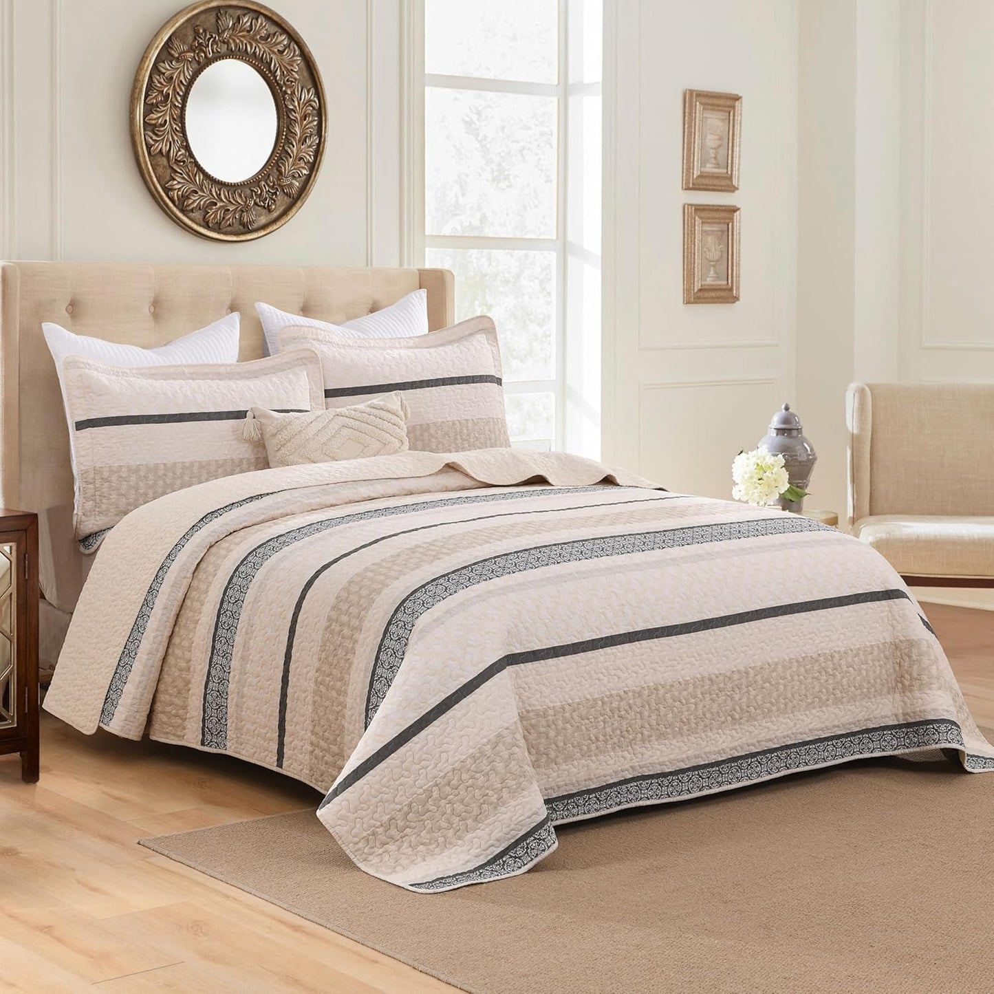 Homzard King Size Comforter Set, Cotton Quilt, Beige and Grey Bedding Set,Lightweight Striped Bedspread, Reversible Coverlet King Size (106"X98") with 2 Pillow Shams All Season