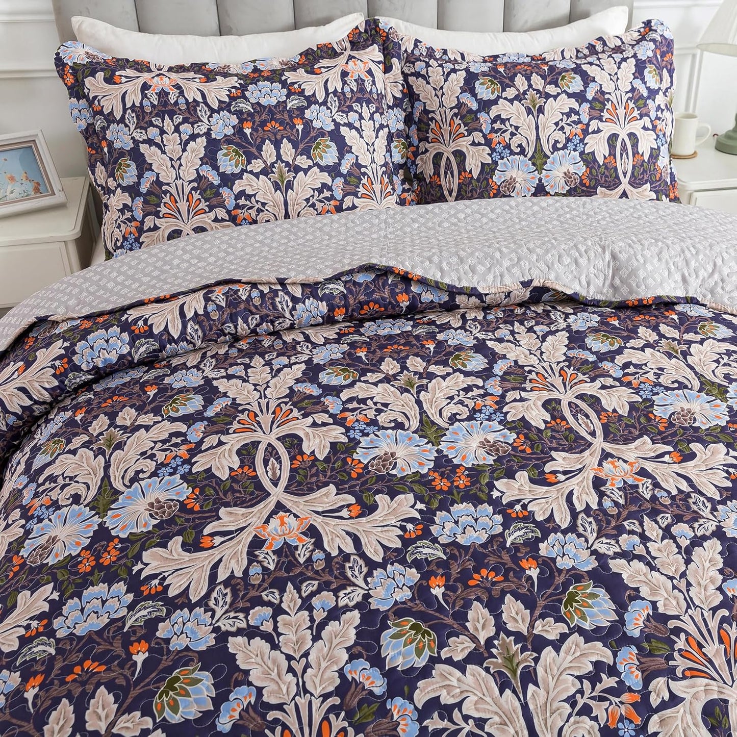 HoneiLife Quilt Set King Size - Microfiber Bedspread 3-Piece,Reversible Coverlet Lightweight Bedcover King Quilt Bedding Sets-Navy