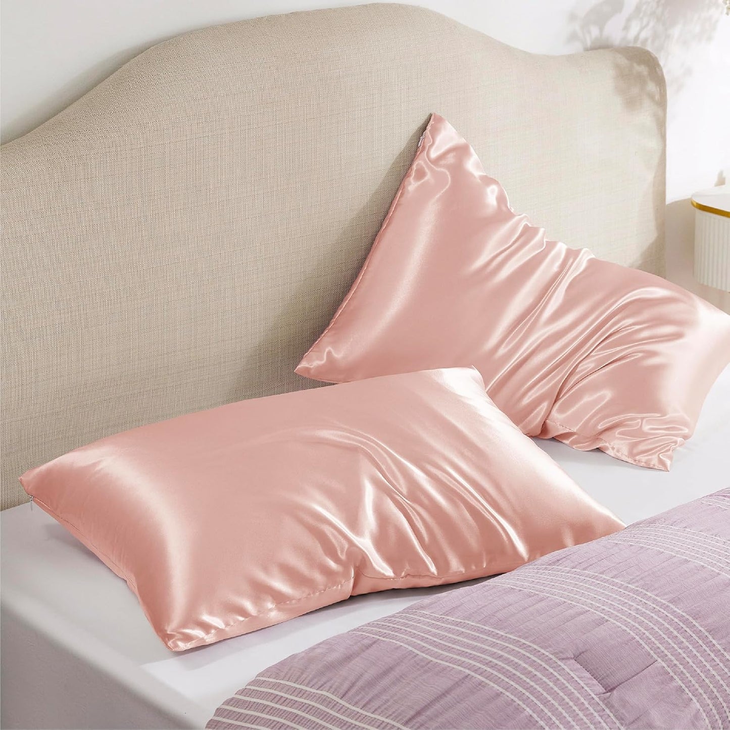Bedsure Satin Pillowcase with Zipper, Similar to Silk Pillow Cases 2 Pack, Satin Pillow Cases Queen, Silky & Soft Peach Pink Pillow Cover for Hair and Skin, Gifts for Women Men, 20x30 Inches