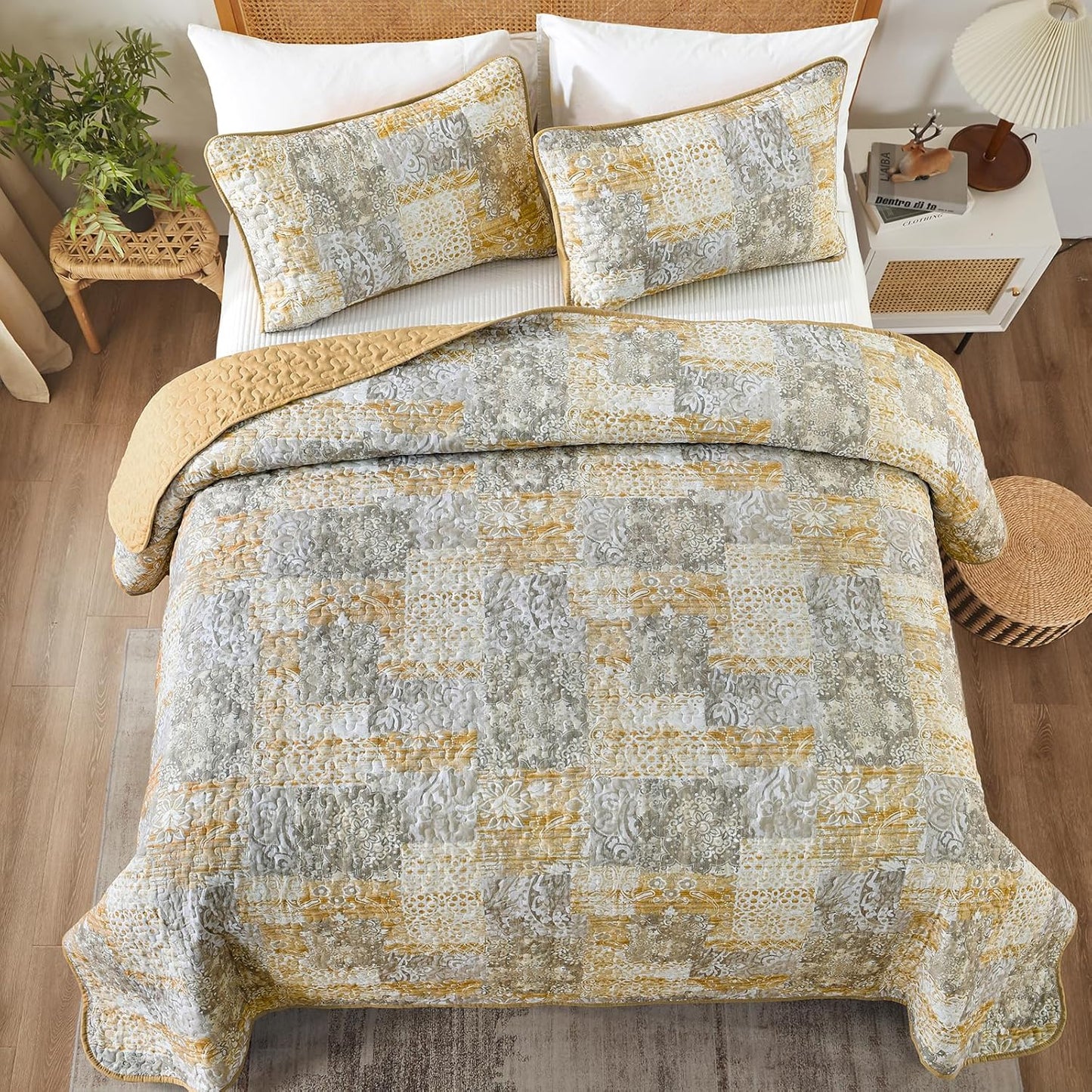 Mybedsoul Yellow Boho Quilt Set Queen Size 3 Pieces Grey and Yellow Plaid Floral Bedding Set Microfiber Lightweight Bohemian Patchwork Bedspread Coverlet Set for All Season 90"x96"