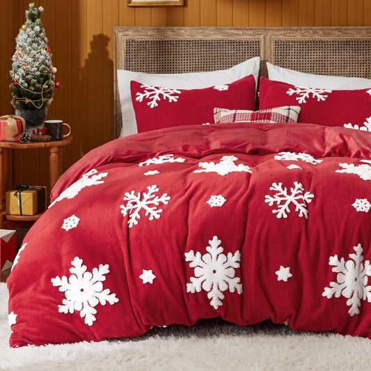 Bedsure Fluffy Duvet Cover Set - Ultra Soft Plush Shaggy Comforter Cover Queen Size, Warm Flannel Fleece Bed Sets for Winter, 3 Pieces, Snowflake Pattern, Red