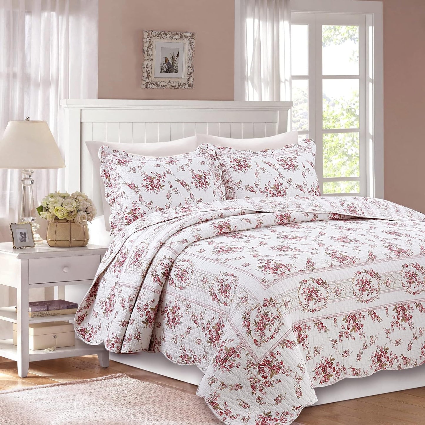 Cozy Line Home Fashions 100% Cotton Quilt Bedding Set, Pink Floral Reversible Coverlet Bedspread (Vintage Rose, Queen - 3 Piece)