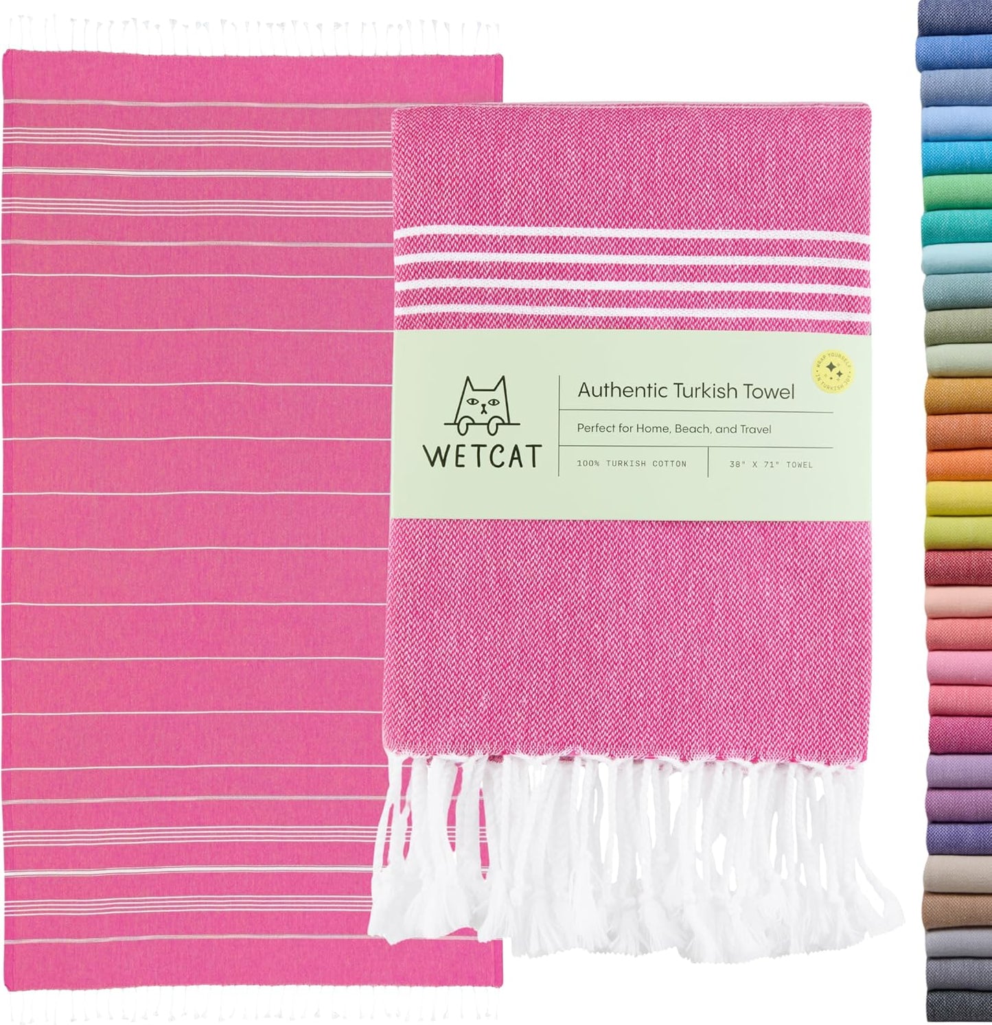 WETCAT Turkish Beach Towel Oversized (38"x71") 100% Turkish Cotton, Made in Turkey - Sand Free, Extra Large, Ultra Soft, Quick Drying, Compact & Lightweight for Travel - Fuchsia