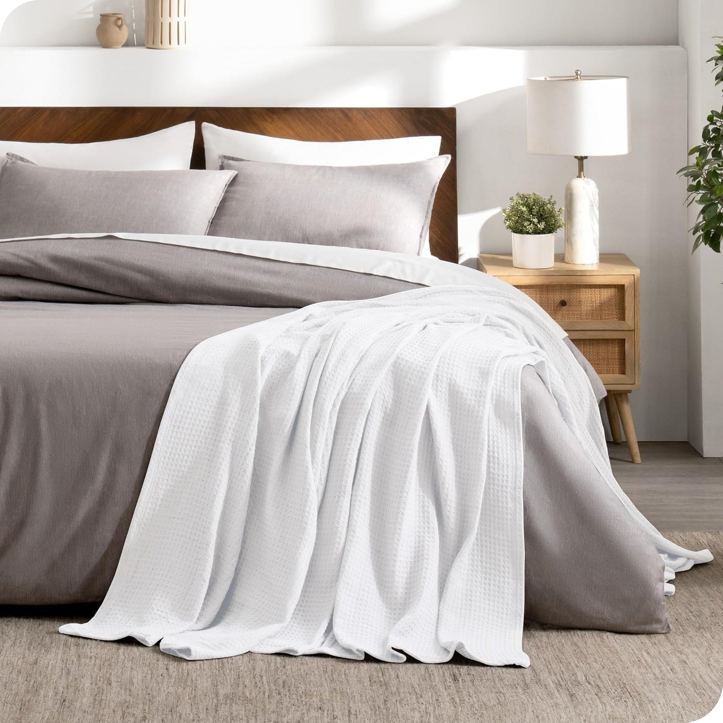 Bare Home White Waffle Blanket, 108Wx90L, 100% Cotton, Soft & Breathable for All Seasons, Lightweight Blanket, Perfect for Layering Bed, Sofa & Couch (King/Cal King, White)
