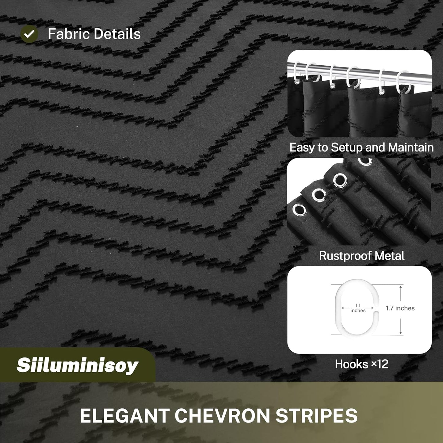 78 inch Shower Curtain Long Shower Curtain Black Tufted Chevron Striped Tall Fabric Boho Shower Curtains for Bathroom Modern Shabby Chic Waterproof Cloth Shower Curtains