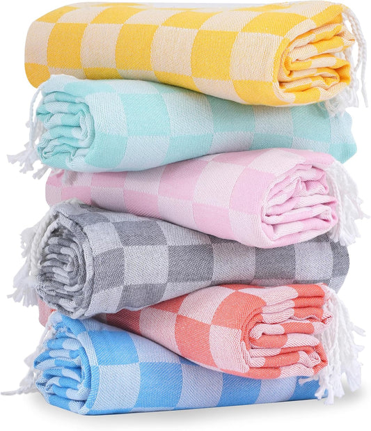 6 Packs Turkish Beach Towel Vacation Essentials Blanket Set Pool Bath Towels Bulk Multipack Travel Sand Free Quick Dry Extra Large Oversized Cute Big Soft Lightweight Compact Checkered Cloud Women