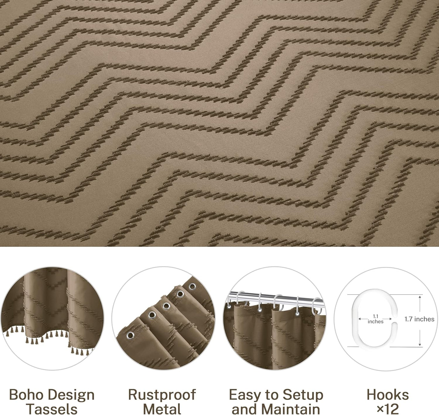 Boho Farmhouse Shower Curtain Woven Fabric Khaki Shower Curtain, 72 x 72 Tufted Chevron Textured Striped Modern Farmhouse Minimalist Shower Curtain for Bathroom