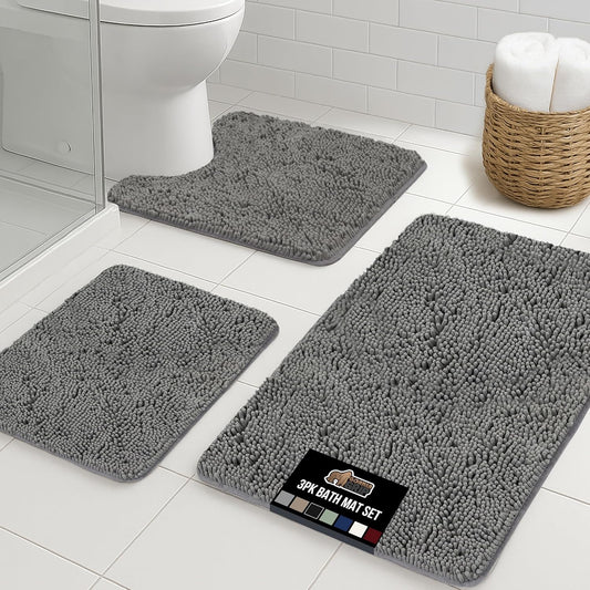 GORILLA GRIP Bathroom Rug Sets 3 Piece, Bath Mat Set and Oval Toilet Base with Rubber Backing, Plush Absorbent Shaggy Chenille Washable Mats, Includes 24x19.5, 24x17 and 30x20 Inch Rugs, Grey