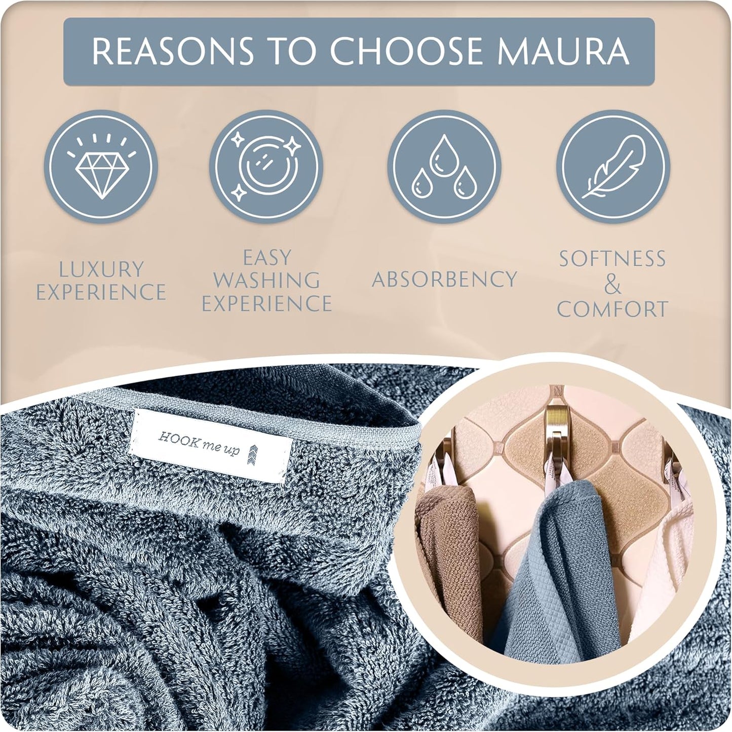 MAURA Basics Performance Bath Towels 100% Turkish Cotton with Hook Loops. Extra Large Luxury Absorbent Plush Towel Sets for Bathroom, Daily Use American Standard Size 27”x54”, Blue Gray