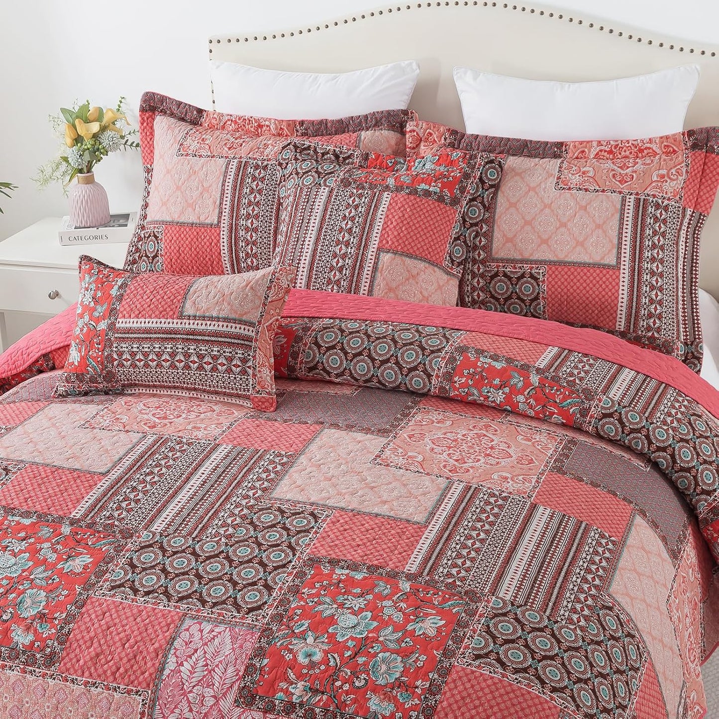 BEDIFANY Cotton Queen Quilt Set, Farmhouse Queen Size Quilt Bedding Set with 2 Pillow Shams, 3 PCs Lightweight Queen Size Bedspreads for Bed Decorations - All Seasons Coverlet Sets