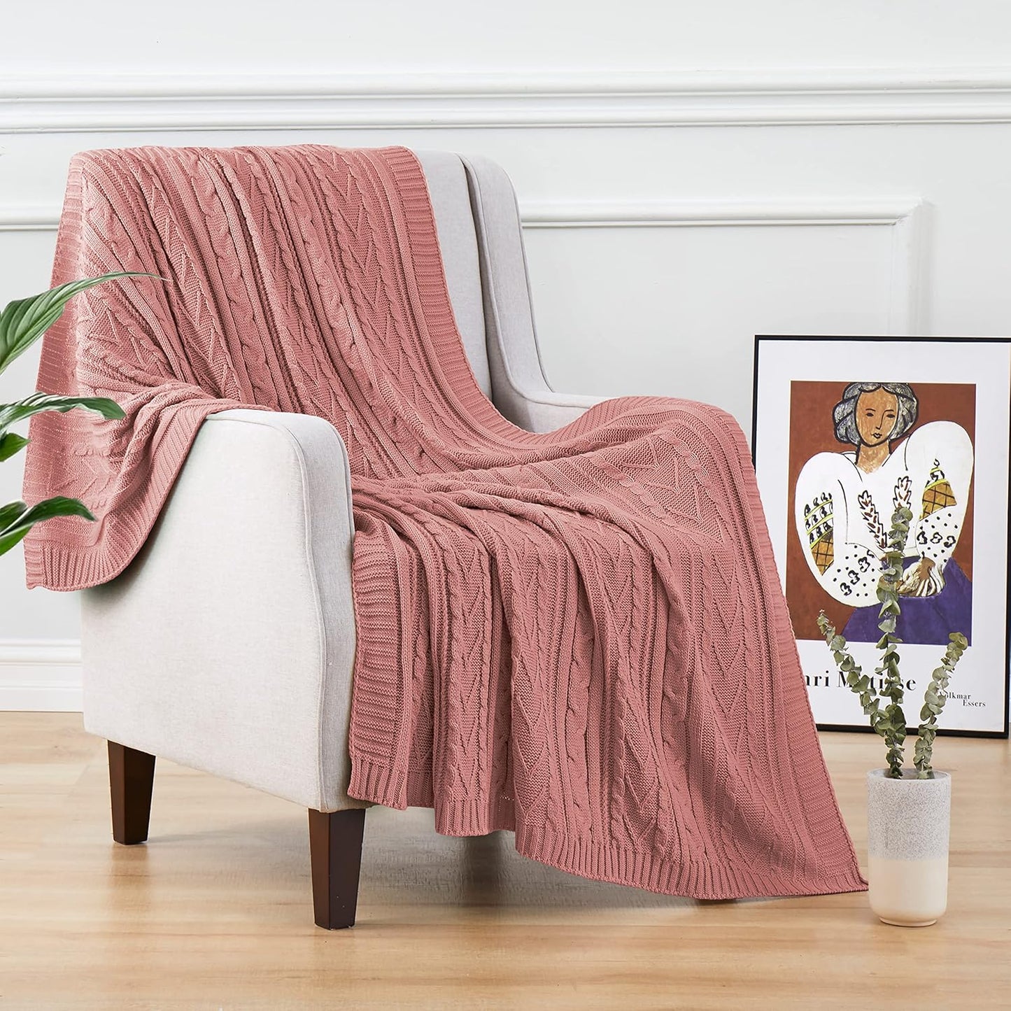 Aormenzy Dusty Pink Cable Knit Throw Blankets for Couch Bed Sofa, Acrylic Knitted Blanket, Soft Cozy Throw Blanket, 50" x 60"
