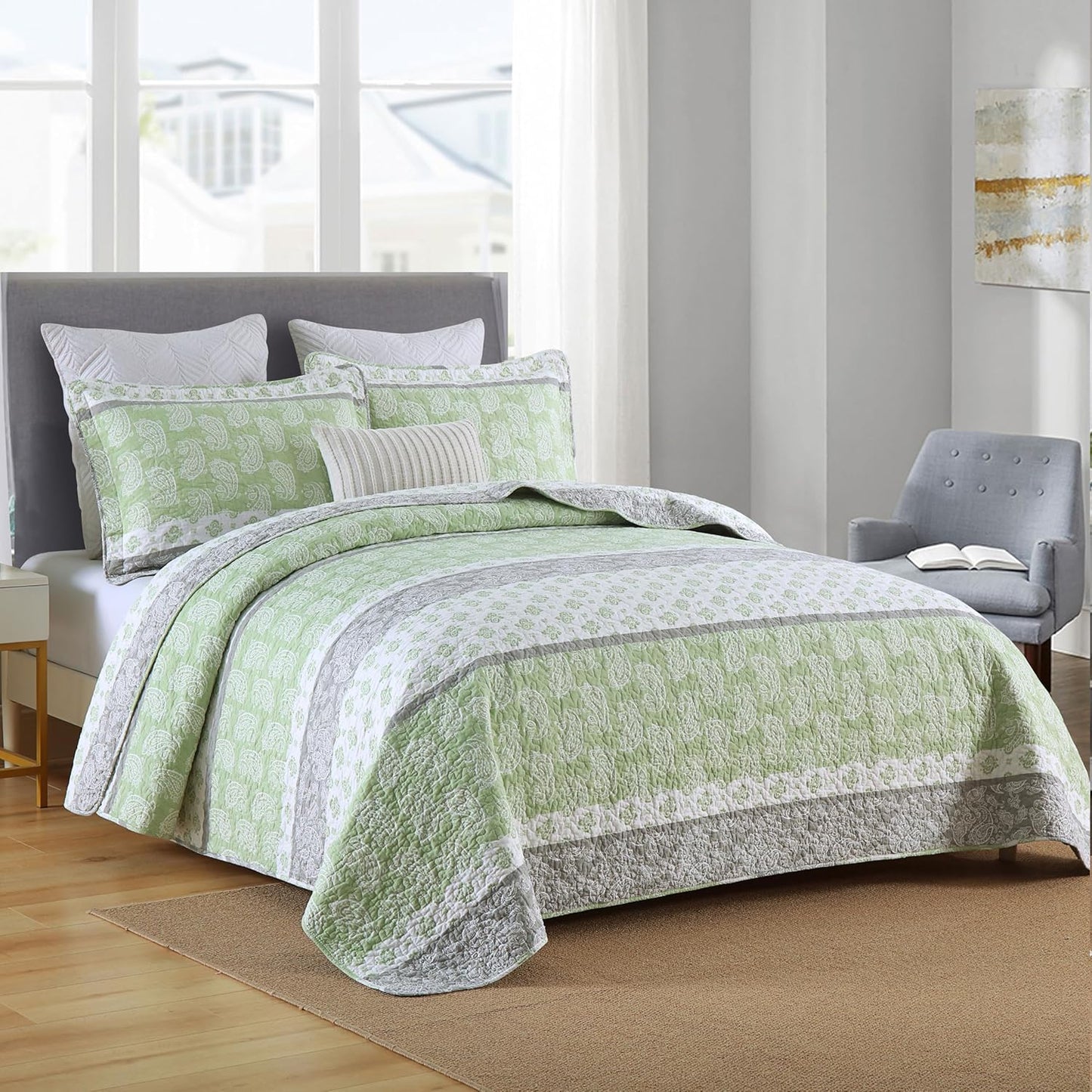 Cotton Quilt King, Sage Green Comforter Set, Green/White/Grey Striped King Bedspread,Farmhouse Quilt Bedding Set, Luxury Lightweight 3 Piece
