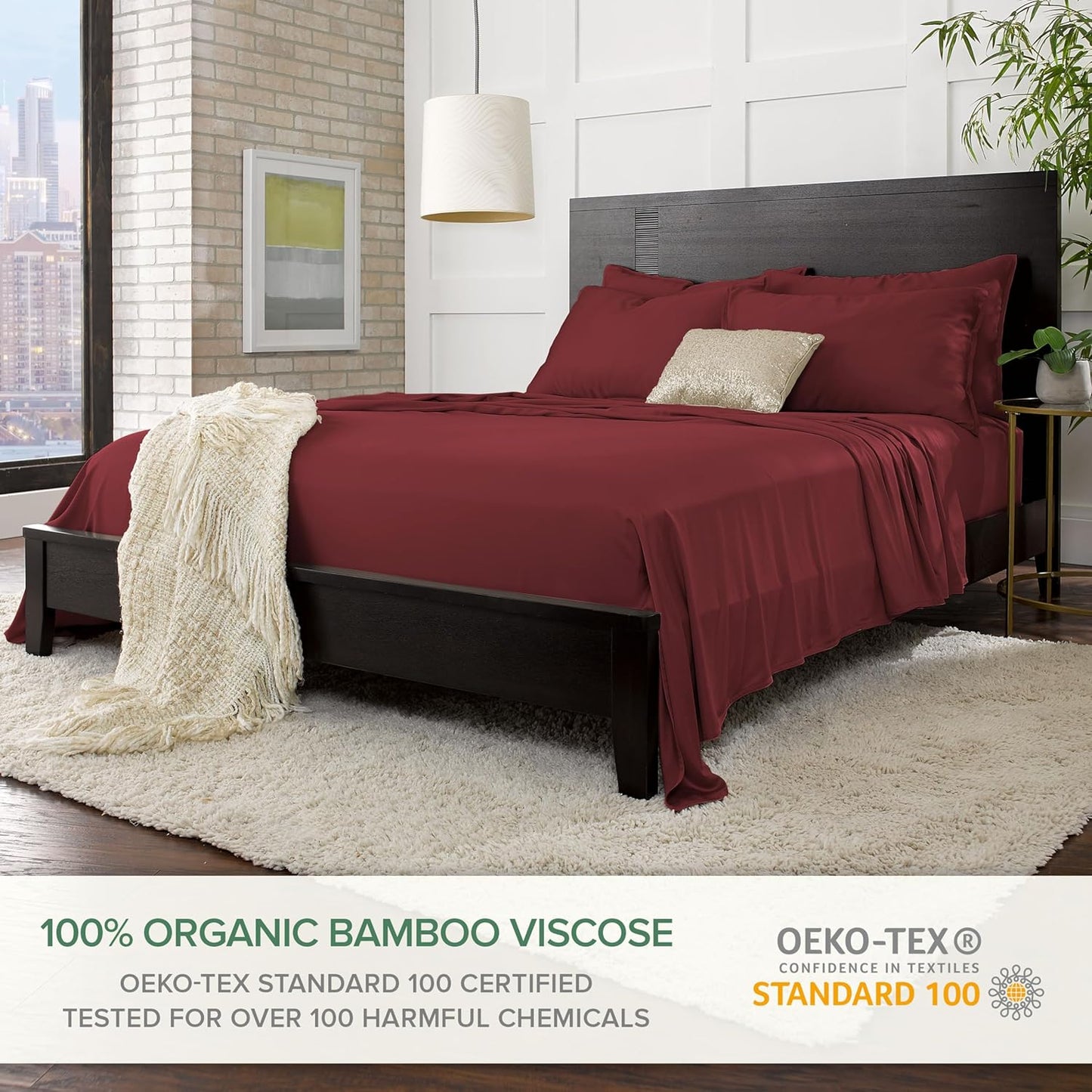 Split King Sheets by Pure Bamboo, Genuine 100% Organic Viscose Derived from Bamboo Bed Sheet Set, Soft & Cooling, Double Stitching *Not for Split Top (Split King, Merlot)