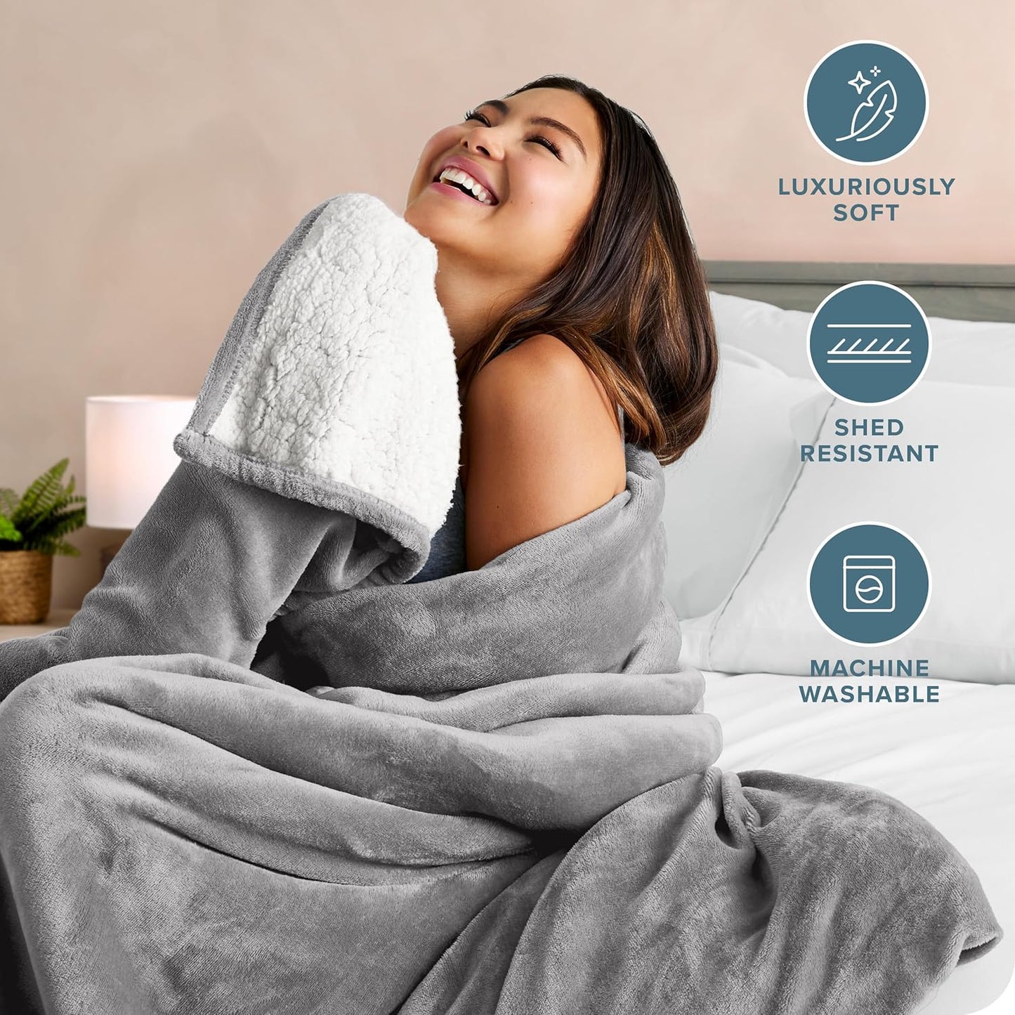 Bare Home Sherpa Fleece Blanket - King Size - Blanket for Bed, Sofa, and Couch - Warm & Lightweight - Fluffy & Soft - Reversible (King, Light Grey)