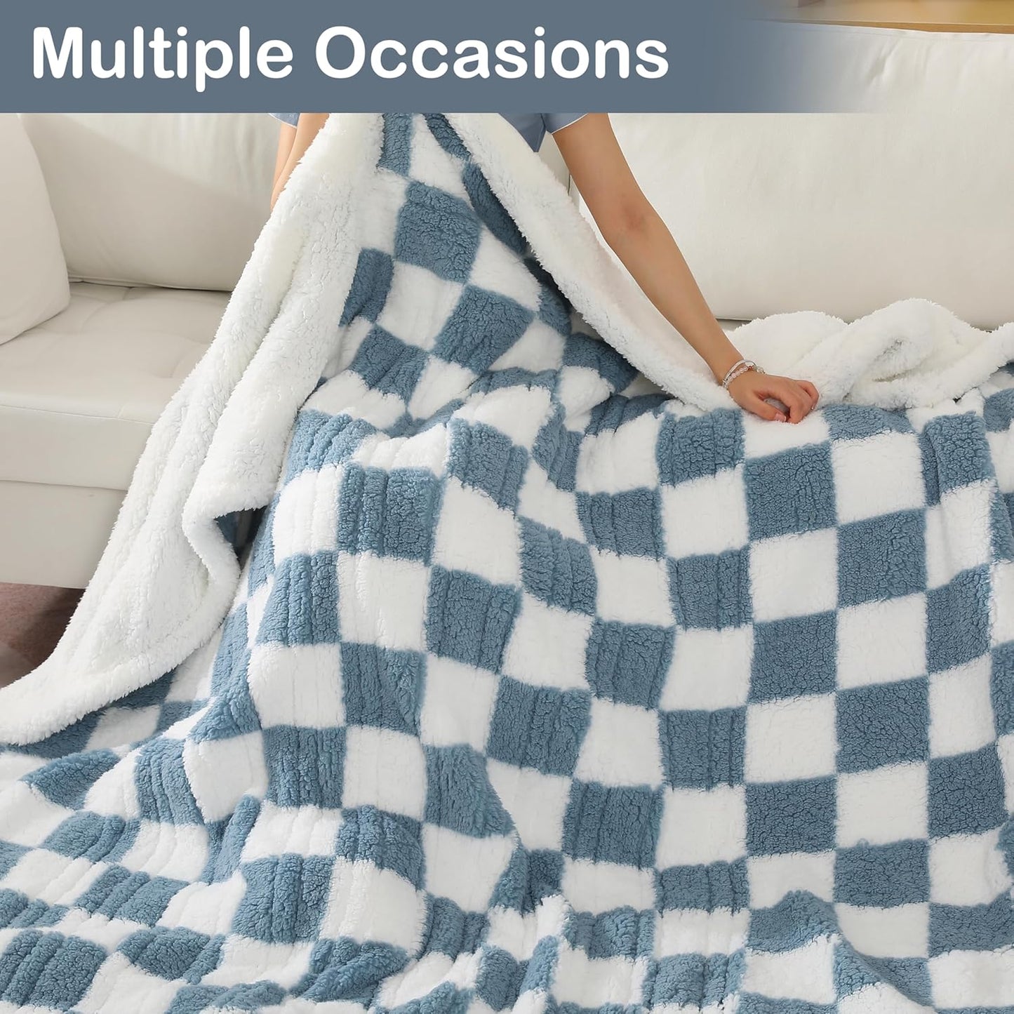 Electric Heated Blanket 6 Heating Settings & 1-10H Auto Off Full 72×84 Checkered Plaid Double Sided Plush Sherpa Ultra-Soft Warm Thick, Machine Washable, Fast Heating, Home Office Light Blue