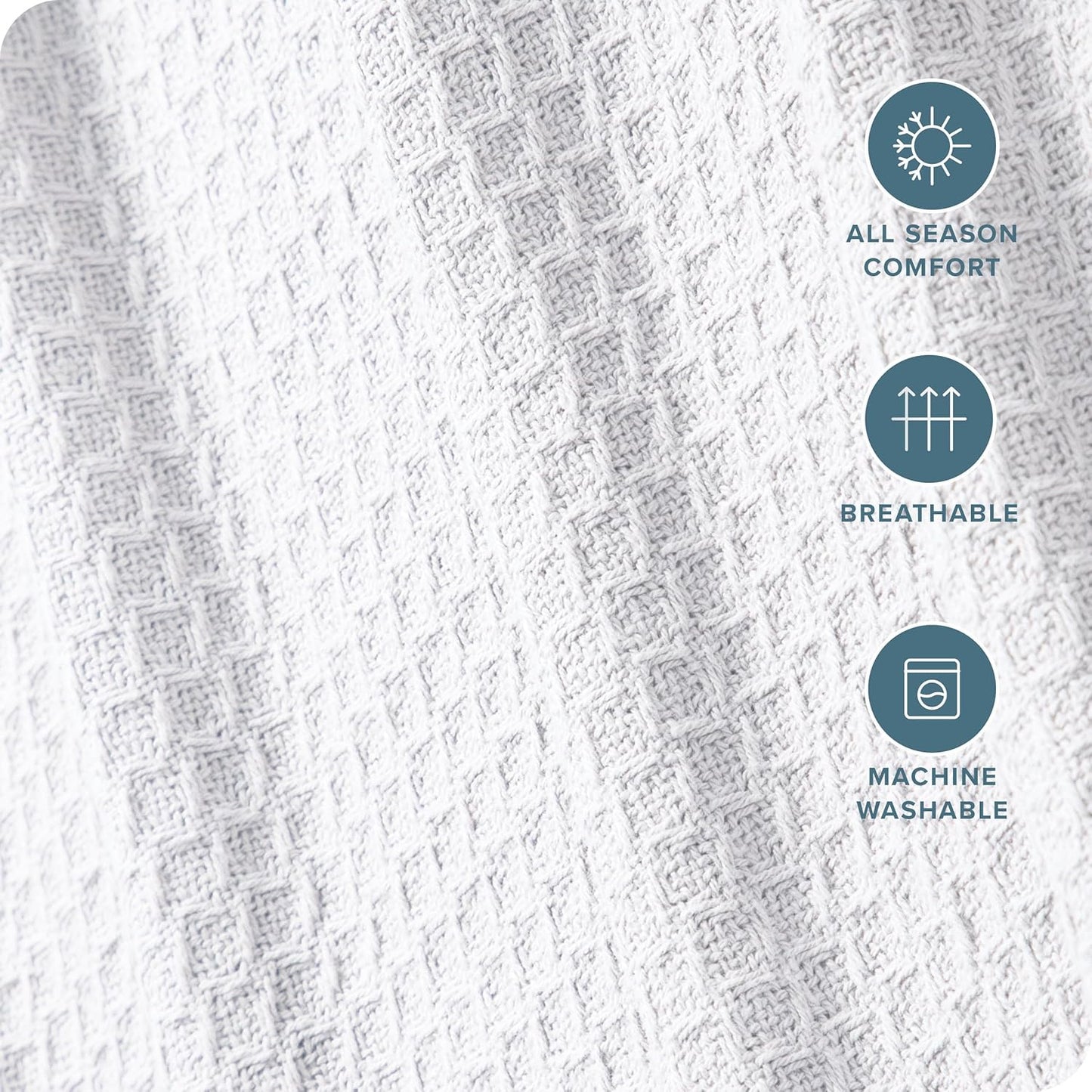 Bare Home White Waffle Blanket, Throw Size 44Wx66L, 100% Cotton, Soft & Breathable for All Seasons, Lightweight, Perfect for Layering Bed, Sofa & Couch (Throw/Travel, White)