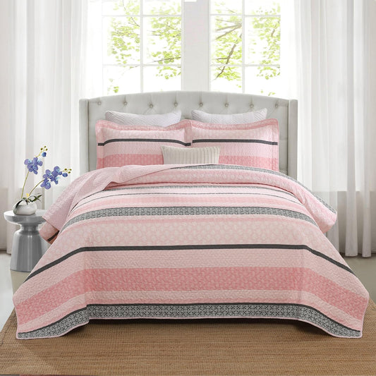 Homzard Quilts Queen Size, Cotton Comforter Set, Light Pink and Grey Queen Bed Set, Lightweight Striped Bedding, Farmhouse Bedspread All Season 3 Pieces