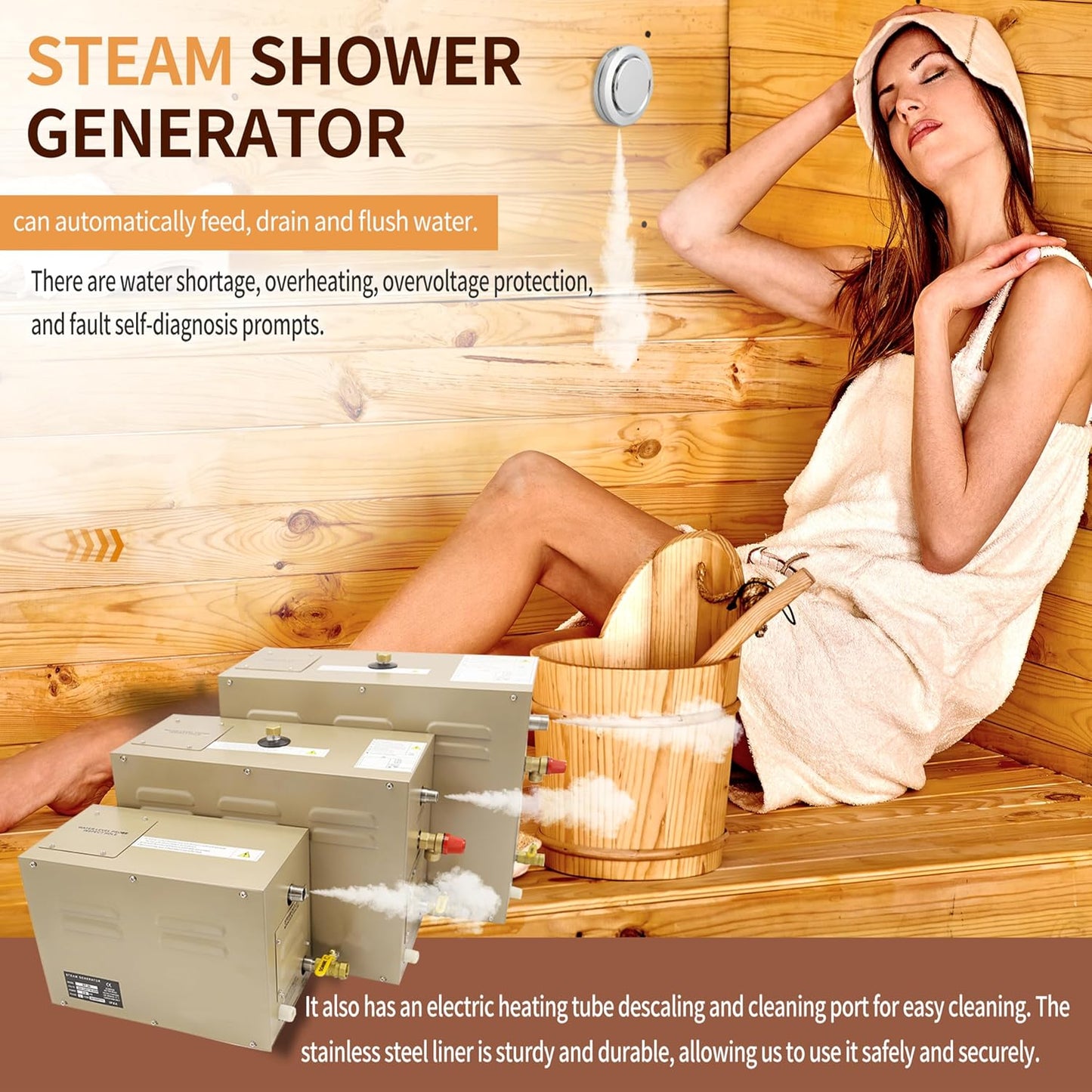 Steam shower generator,18kw Household-Commercial,Steam shower generator kit,with self-draining system,Temperature adjustable 95-131°F,Applicable space 560～735ft3