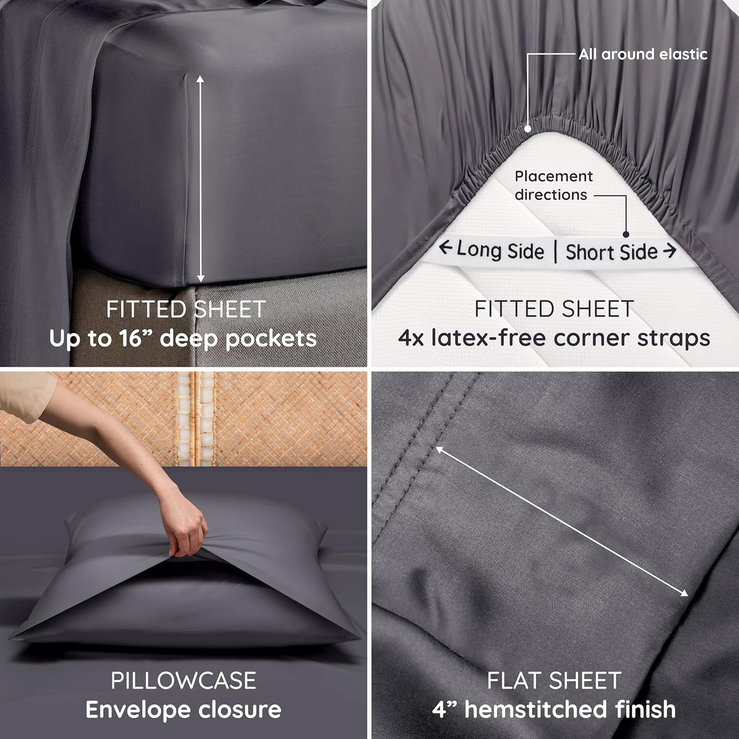 Bambaw 100% Viscose Derived from Bamboo Queen Size Sheet Set - 6pcs Cooling, Deep Pocket Fits Up to 16'' with Elastic Corner Straps, Queen Soft Sheets (Charcoal)