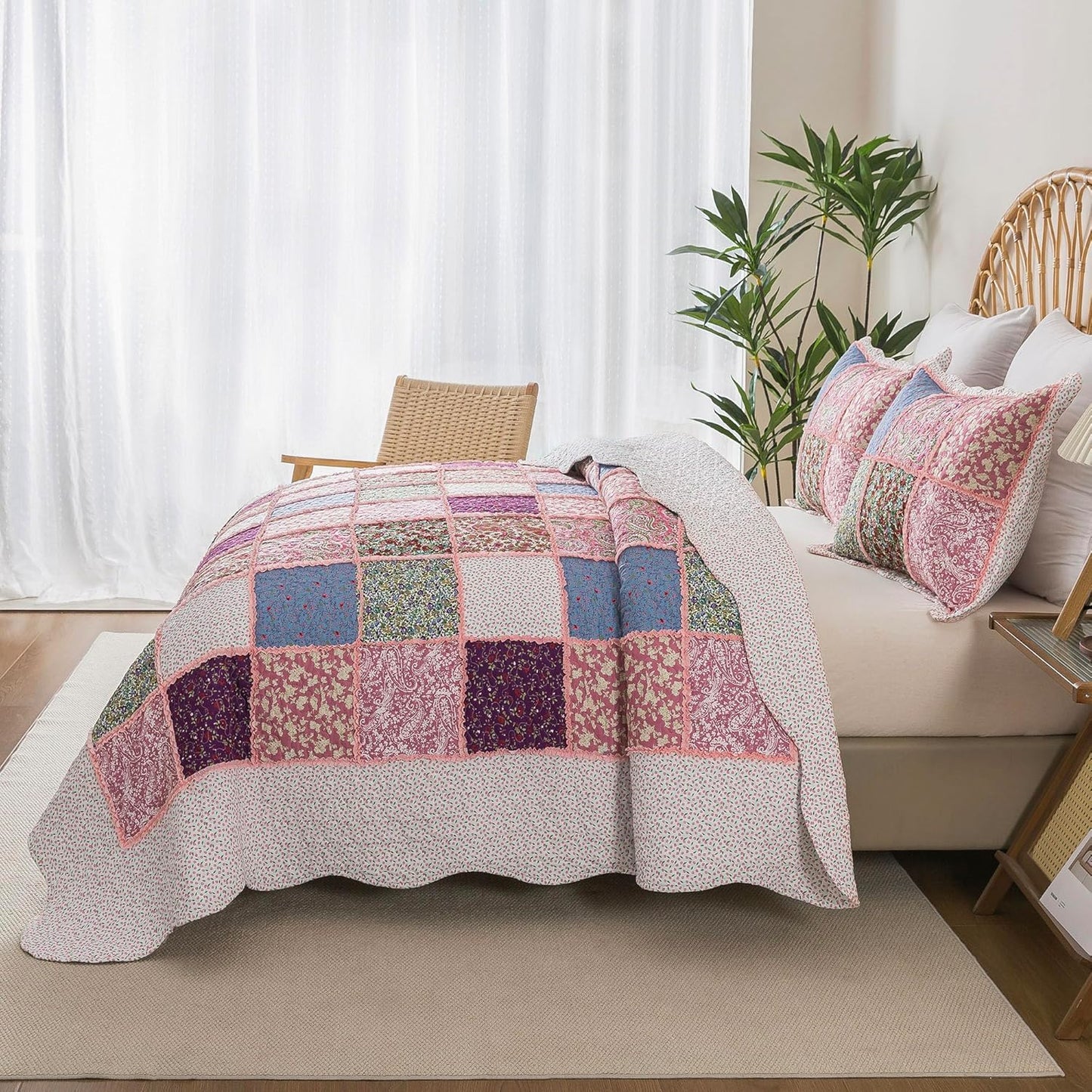 HoneiLife Quilt Set King Size - Rustic Bedspreads 106x96, Tufted Quilts 3-Piece, Patchwork Coverlet Lightweight Bedding Sets All Season Quilts