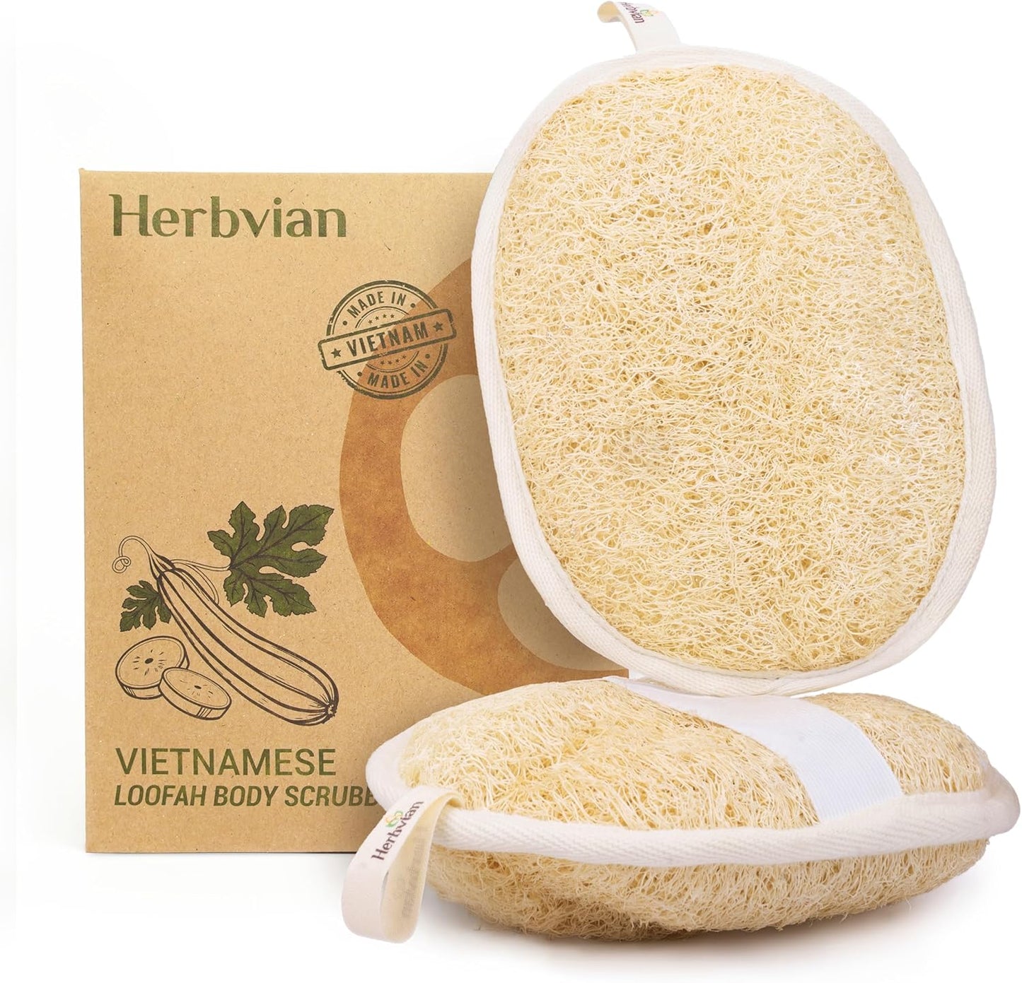 Vietnamese Natural Loofah Exfoliating Body Scrubber Pads, 100% Plant-Based Shower Luffa Sponge, Bath Loofah for Women Men, 2-Pack