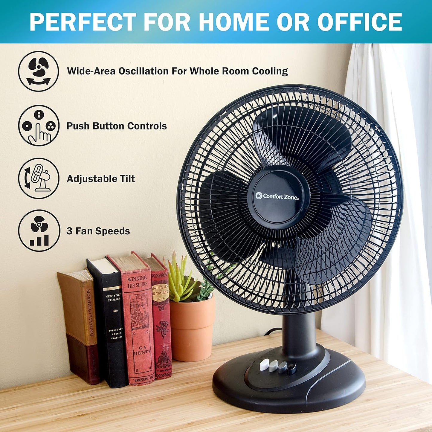 Comfort Zone Oscillating Table Fan with Adjustable Tilt, Convenient Push Button Controls, Quiet, 12 inch, 3 Speed, Desk Fan, Airflow 7.25 ft/sec, Ideal for Home, Bedroom, Dorm & Office, CZ121BK