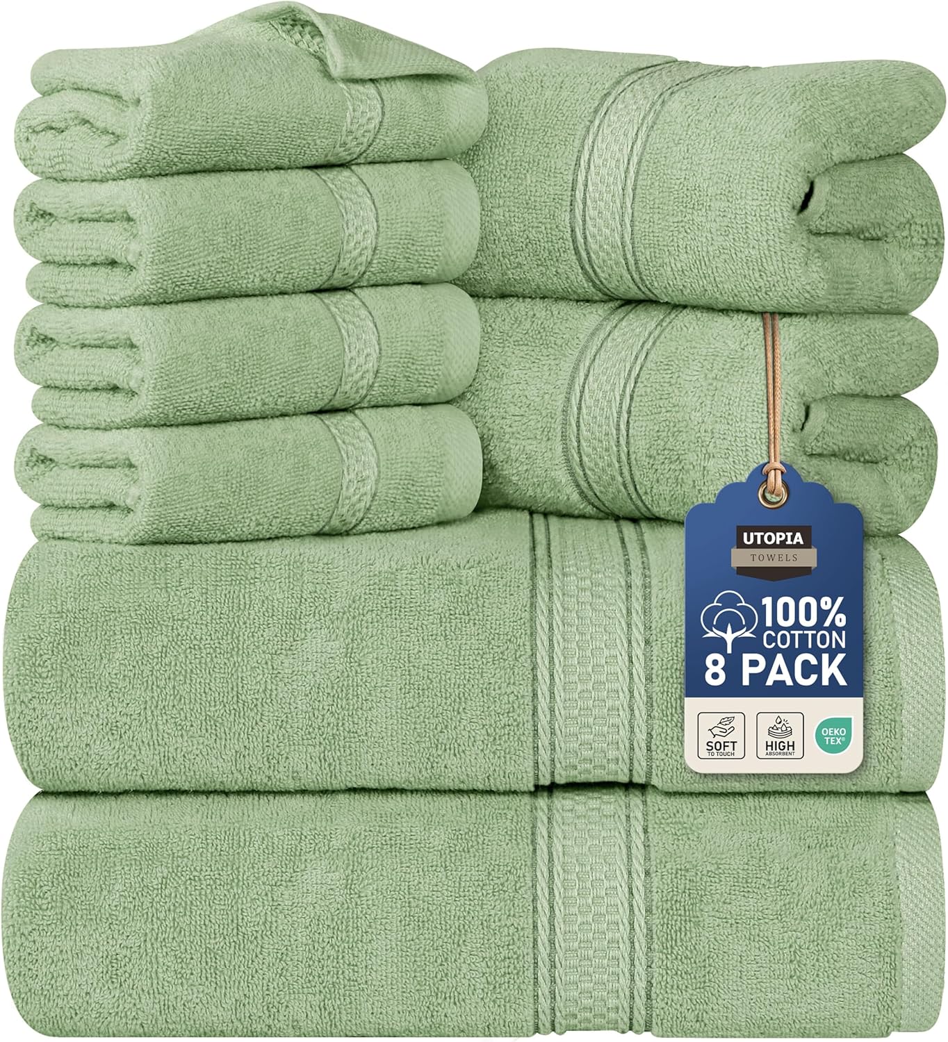 Utopia Towels 8 Piece Premium Towel Set, 2 Bath, 2 Hand, and 4 Wash Cloths, 600 GSM 100% Ring Spun Cotton, Highly Absorbent Towels for Bathroom, Gym, Hotel, and Spa, Sage Green
