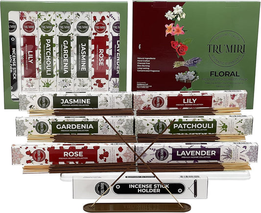 Floral Incense Sticks Variety Pack - 120 Insence-Sticks (6 Incents x 20 Insense) - Rose Lavender Jasmine Patchouli Gardenia Lily - Natural Inscents-Sticks Non Toxic Incienso with Stick Incense Holder