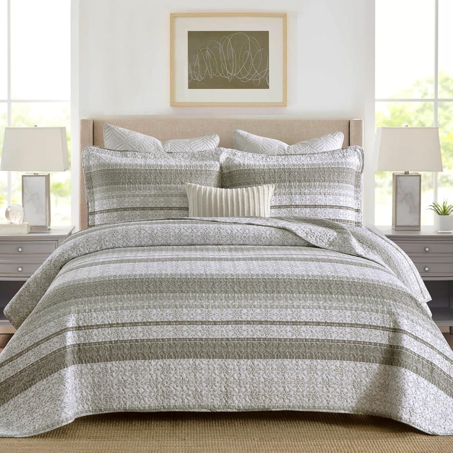 Homzard King Size Quilt Set, Grey White Snowflake Striped Comforter Set,Cotton Gray Bedspread King Size, Lightweight Comforter Fall Bedding 3 Piece All Season
