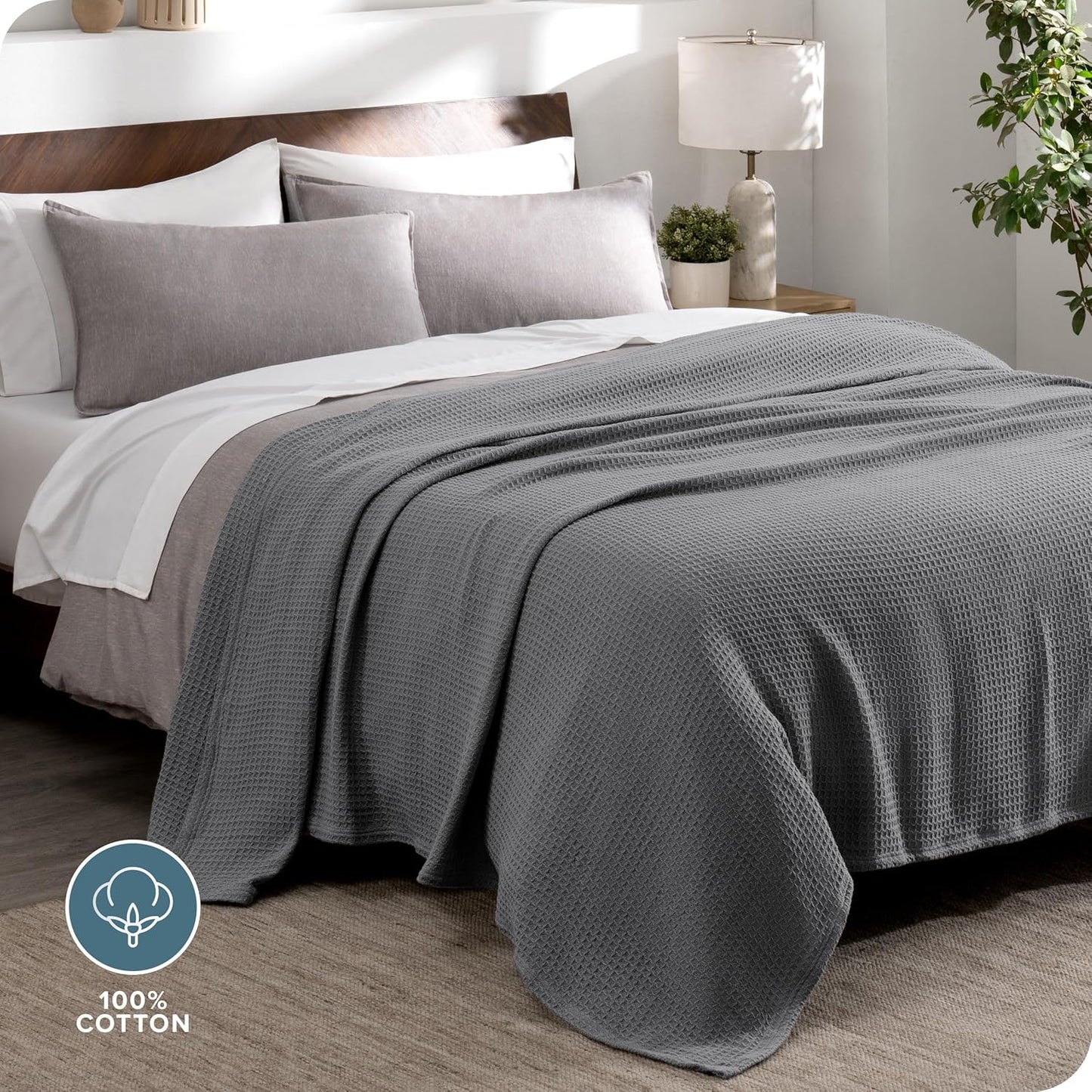 Bare Home Grey Waffle Blanket, 108Wx90L, 100% Cotton, Soft & Breathable Throw for All Seasons, Lightweight Blanket, Perfect for Layering Bed, Sofa & Couch (King/Cal King, Grey)