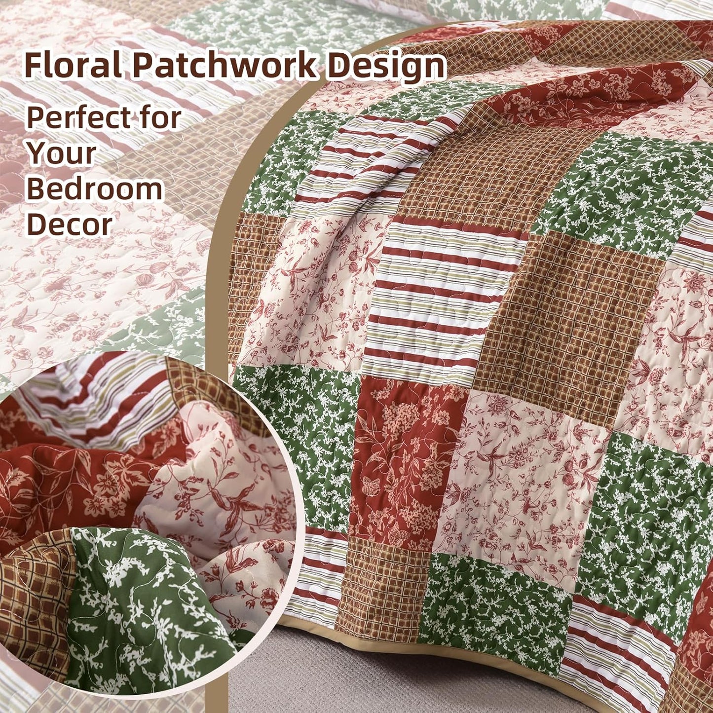 Mybedsoul Christmas Quilt Set Queen Size, 3 Pieces Red Green Floral Plaid Bedspread Coverlet Set, Reversible Soft Microfiber Bedding Set for All Season, Fall Winter Queen Christmas 90"x96"
