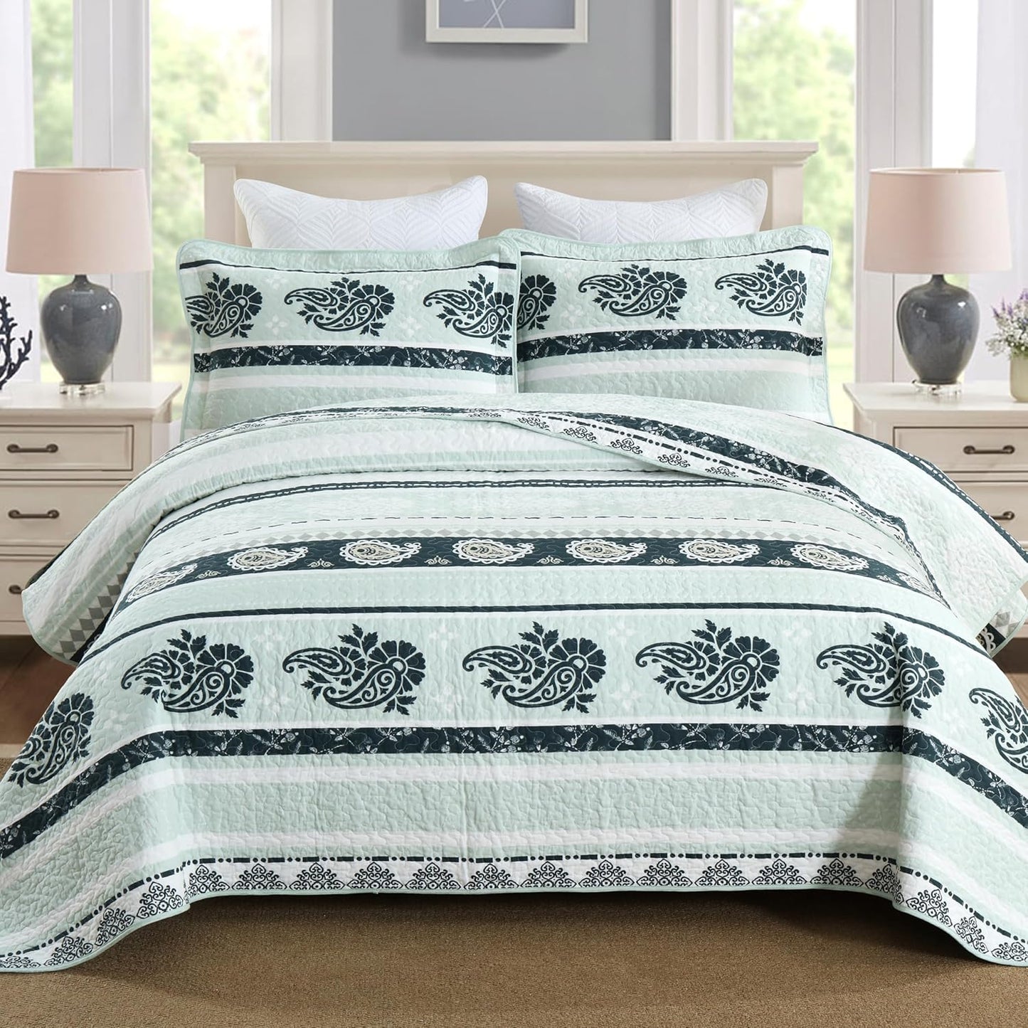 Green Queen Comforter Set, Cotton Quilt, Green Bedding Comforter Sets, Striped Pattern Queen Bedspread, Lightweight Reversible Coverlet All Season