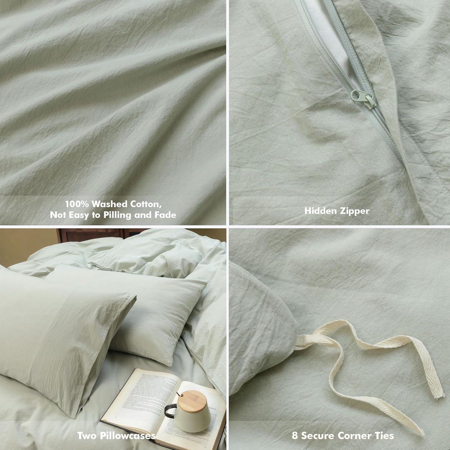 FOSSA Duvet Cover Set 100% Washed Cotton Linen Feel Super Soft Breathable Cozy 3 Pieces Bedding Sets Solid Sage Green Twin
