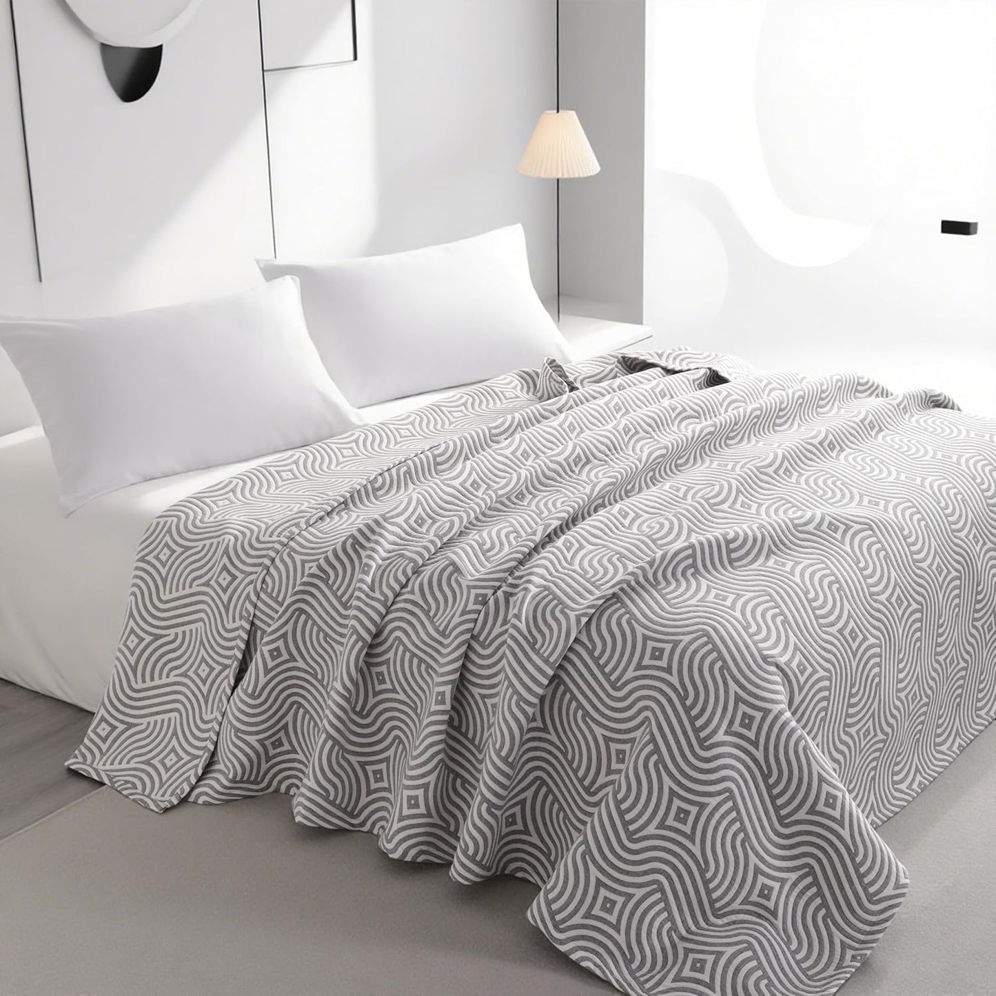 NTBAY 3 Layers Cotton Muslin 68x92 Twin Bed Blanket, Super Soft Breathable Thermal Yarn Dyed Quilt for Adults, Perfect Lightweight Blanket for Couch Sofa Bed All Seasons, Grey Geometric Ripples